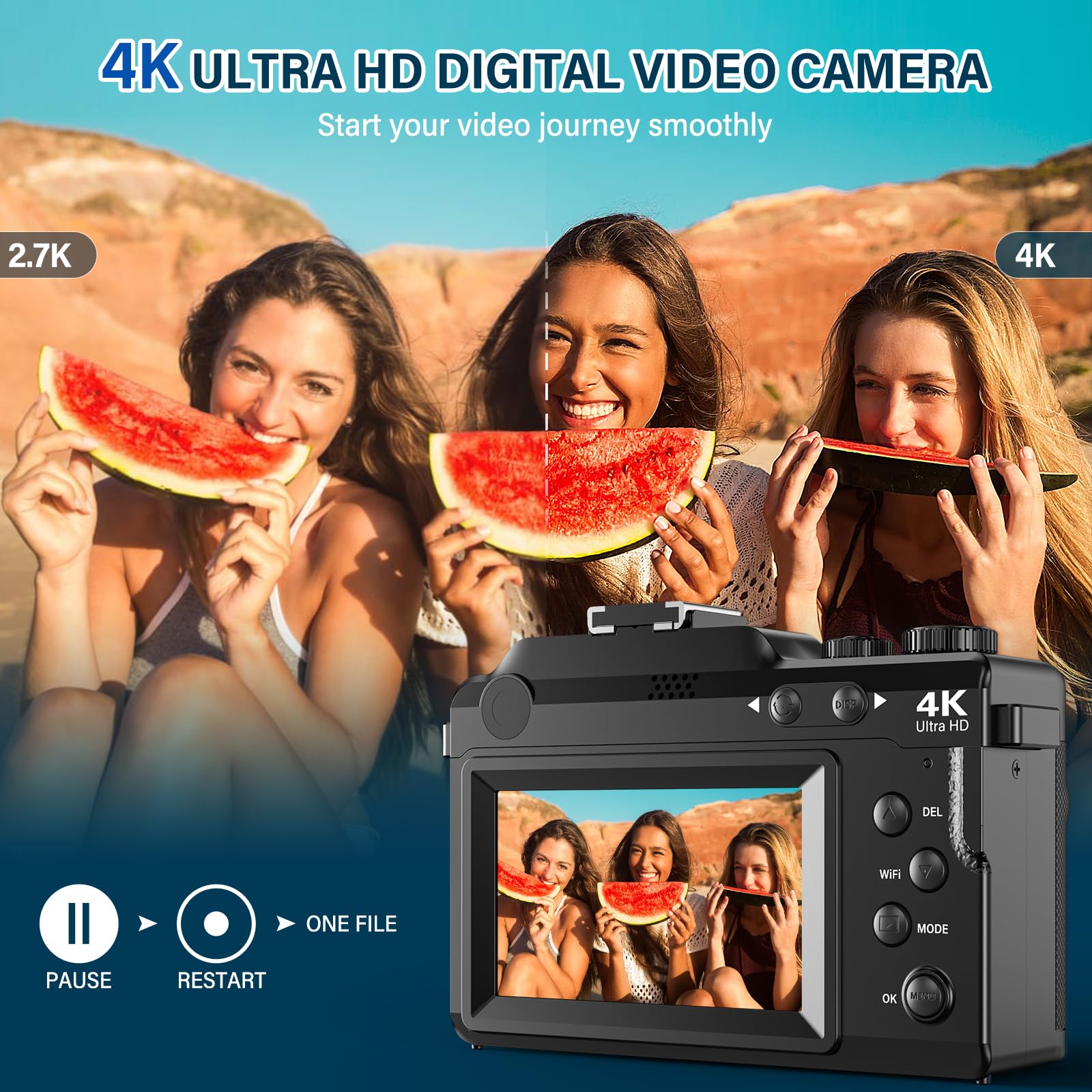 Macchina Fotografica 4K, 64MP 18X Fotocamera Digitale, 3'' Macchina Digitale Compatta Vlogging Camera con Scheda di Memoria da 32 GB Caricabatterie Lettore e 2 Batterie per Principianti
