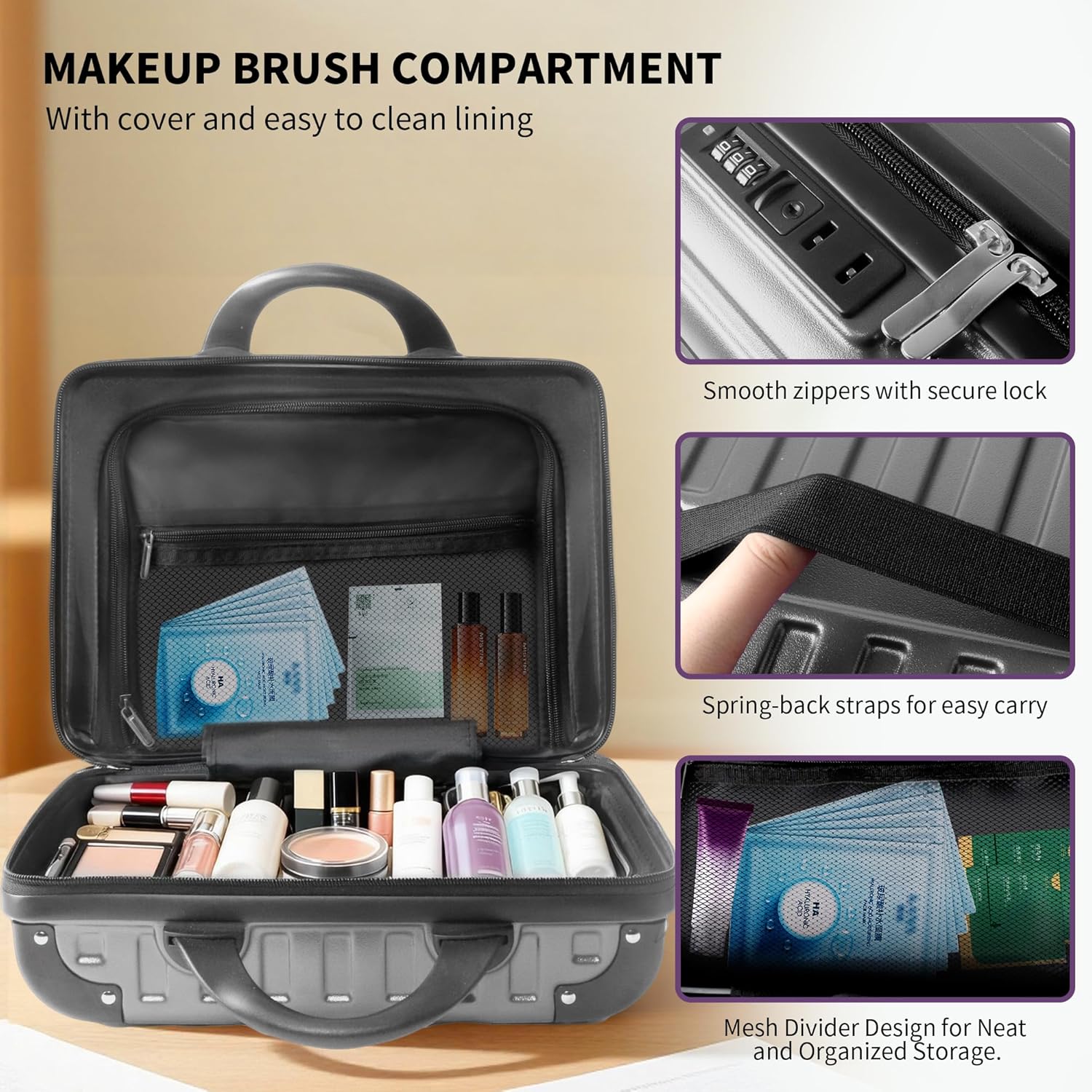 14 Inch Portable Makeup Travel Case Hand Luggage, Hard Shell ABS Cosmetic Organizer with Safety Lock, Small Carry-On Travel Bag for Women（Grey）