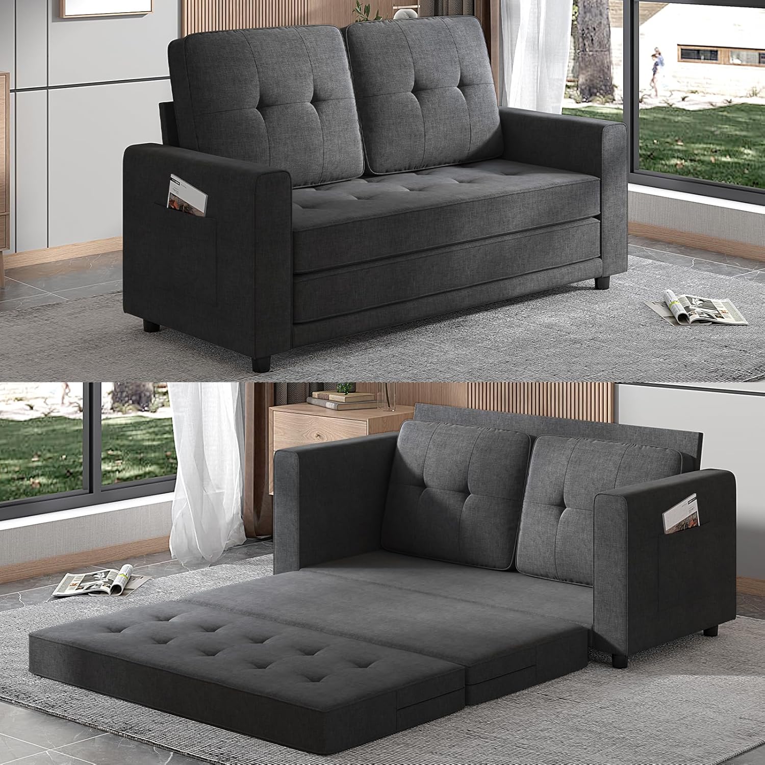 Convertible Sleeper Sofa Bed, 2-in-1 Pull Out Couch Bed with Cushions, Upholstered Floor Folding Sofa Bed, Futon Loveseat Gaming Sofa for Living Room, Apartment, Office