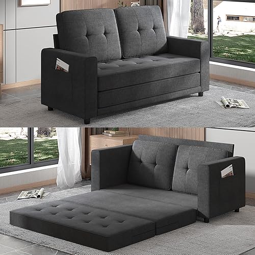 PUREMIND Floor Sleeper Sofa Bed, Upholstery 2-in-1 Pull Out Couch Bed, Loveseat Folding Futon Sofa Bed with Cushion, Convertible Floor Gaming Couch Bed for Living Room, Apartment, Office