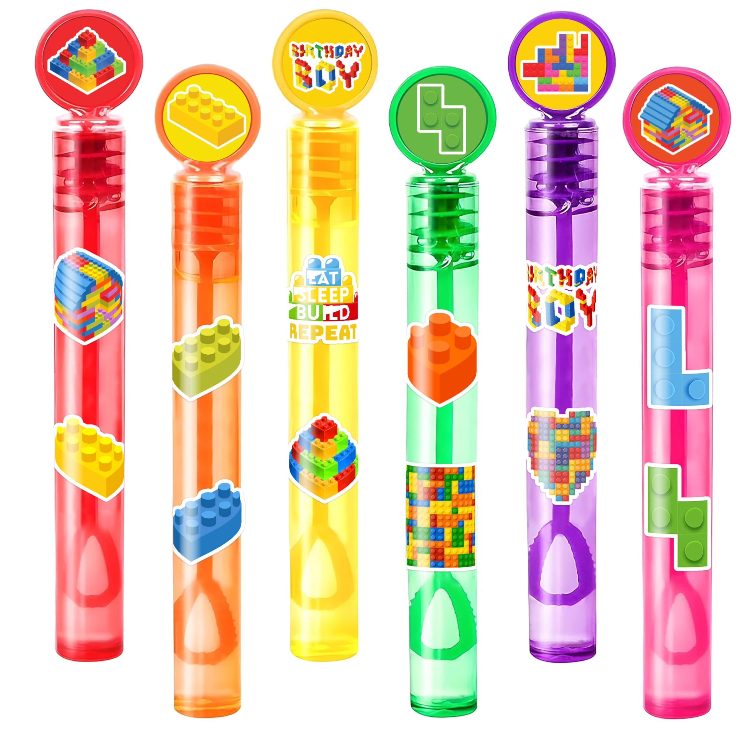 24PCS Building Block DIY Bubble Wands with 96PCS Stickers - Party Favor for Goodie Bags, Pinata Stuffers, Mini Bubble Bulk Birthday Supplies, Toys