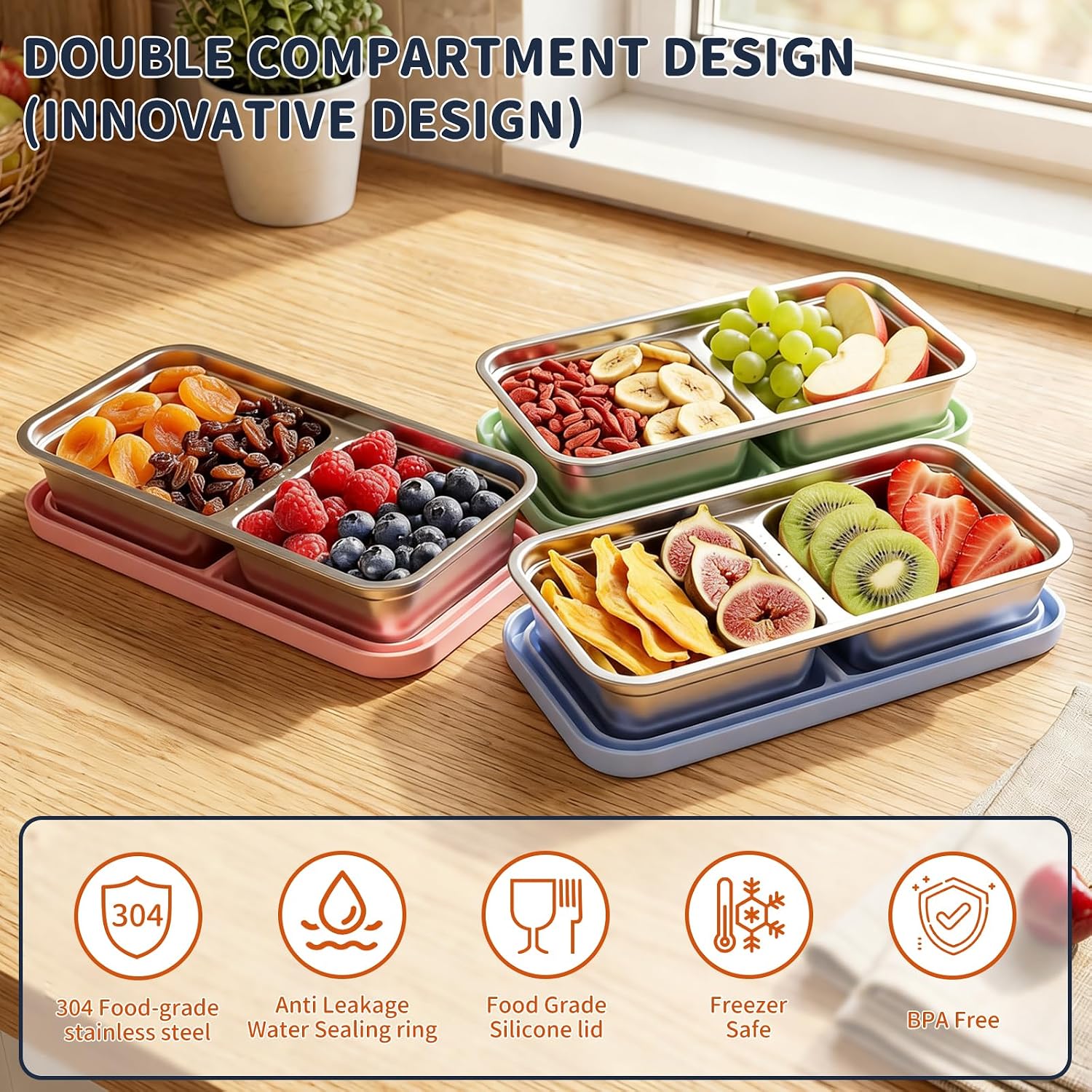 Stainless Steel Snack Containers, 3-Pack Reusable Snack Pack Containers with Silicone Lids, 15oz Food Storage Containers, Metal Lunch Box