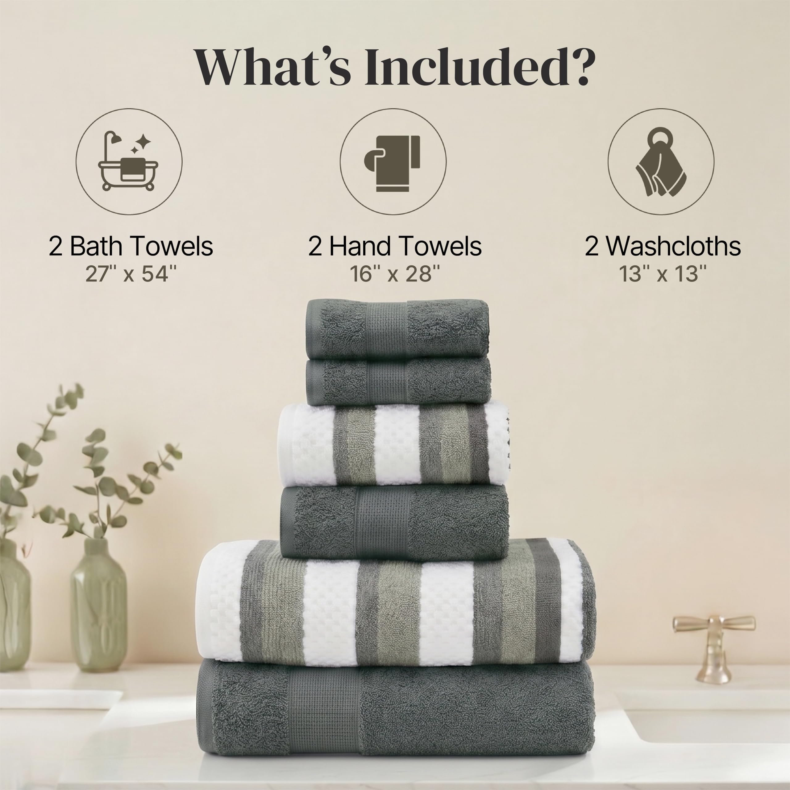 Modern Threads Pax 6-teiliges Wendegarn-gefärbtes Jacquard-Handtuch-Set – Badetücher, Handtücher und Waschlappen – super saugfähig und schnell trocknend – 100% gekämmte Baumwolle, Efeu