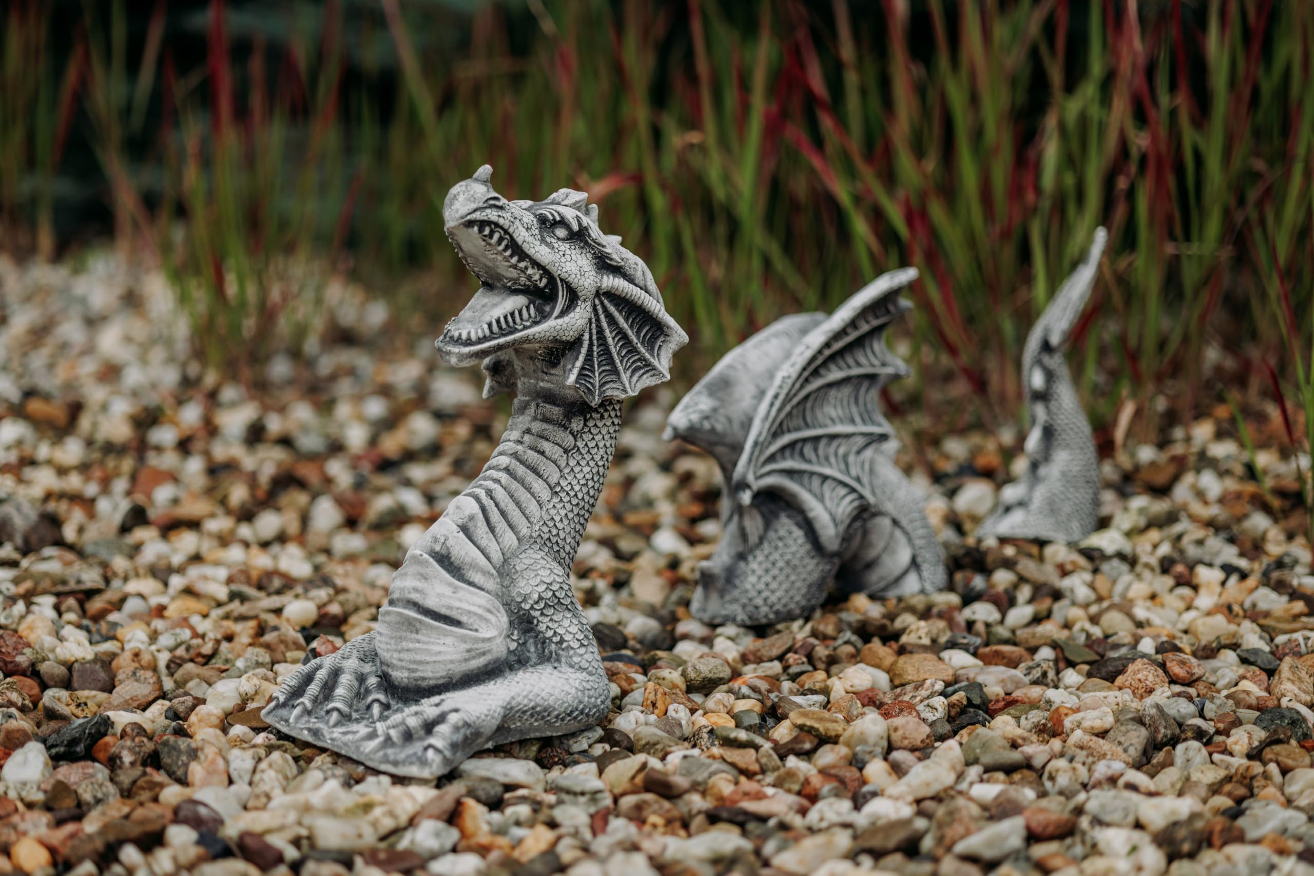 gartendekoparadies.de 3-teiliger Drache, Steinfigur, H. 35 cm, 11 kg, Grau, frostsicher aus Steinguss für Außenbereich