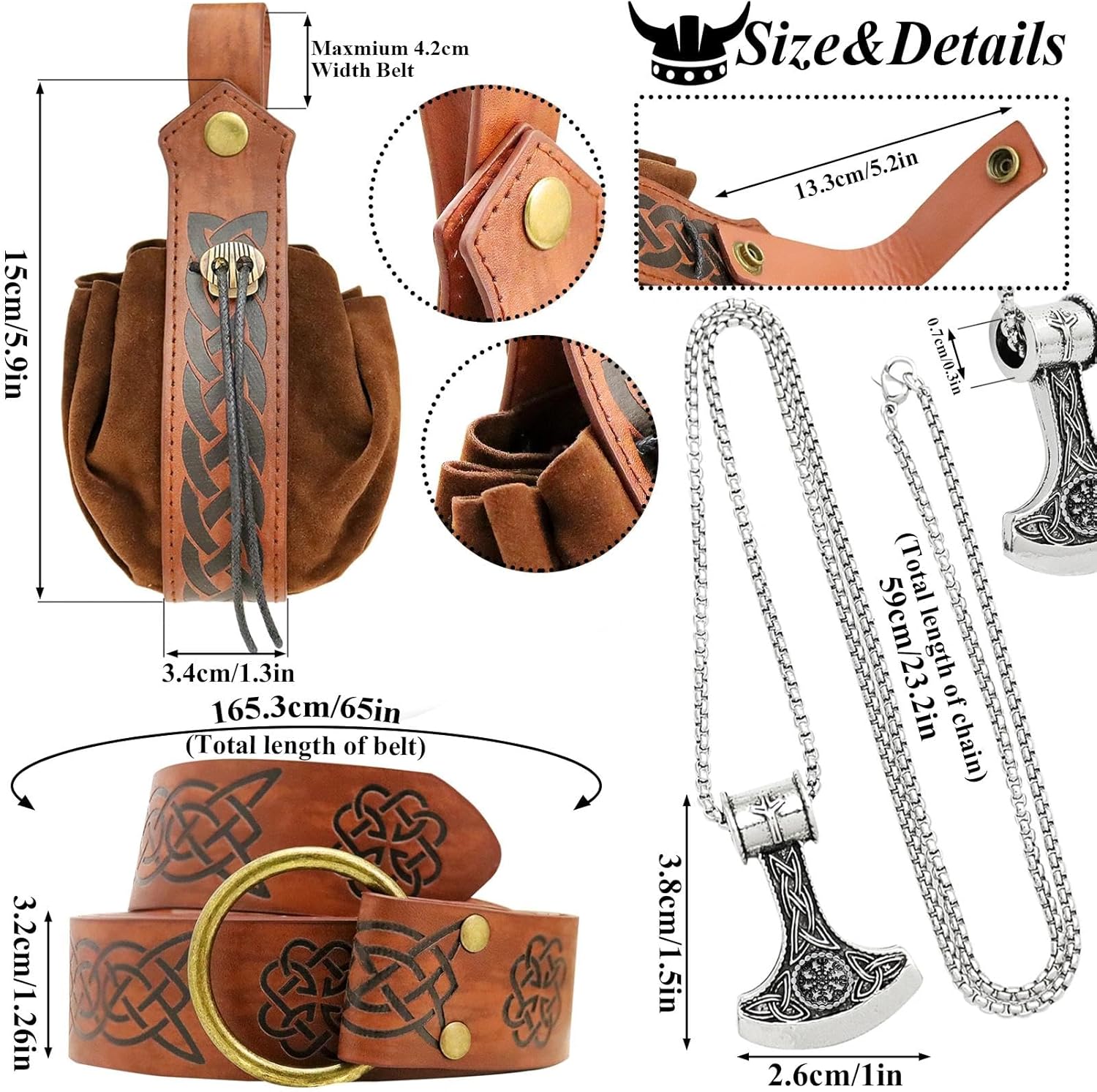 RechicGu 3 Pieces Medieval Viking Leather Belt, Retro Drawstring Belt Bag Pouch and Stainless Steel Chain Axe Necklace, Renaissance Knight Accessories Set for LARP Ren Faire Costume Brown - Image 5