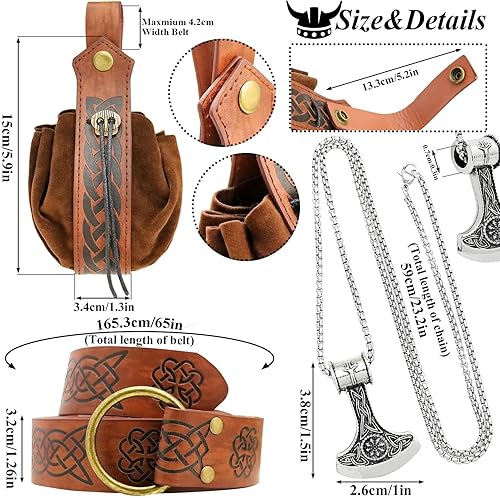 Miniatura 5 de RechicGu Cinturón de cuero vikingo medieval de 3 piezas, bolsa retro con cordón y collar de hacha de cadena de acero inoxidable, juego de accesorios