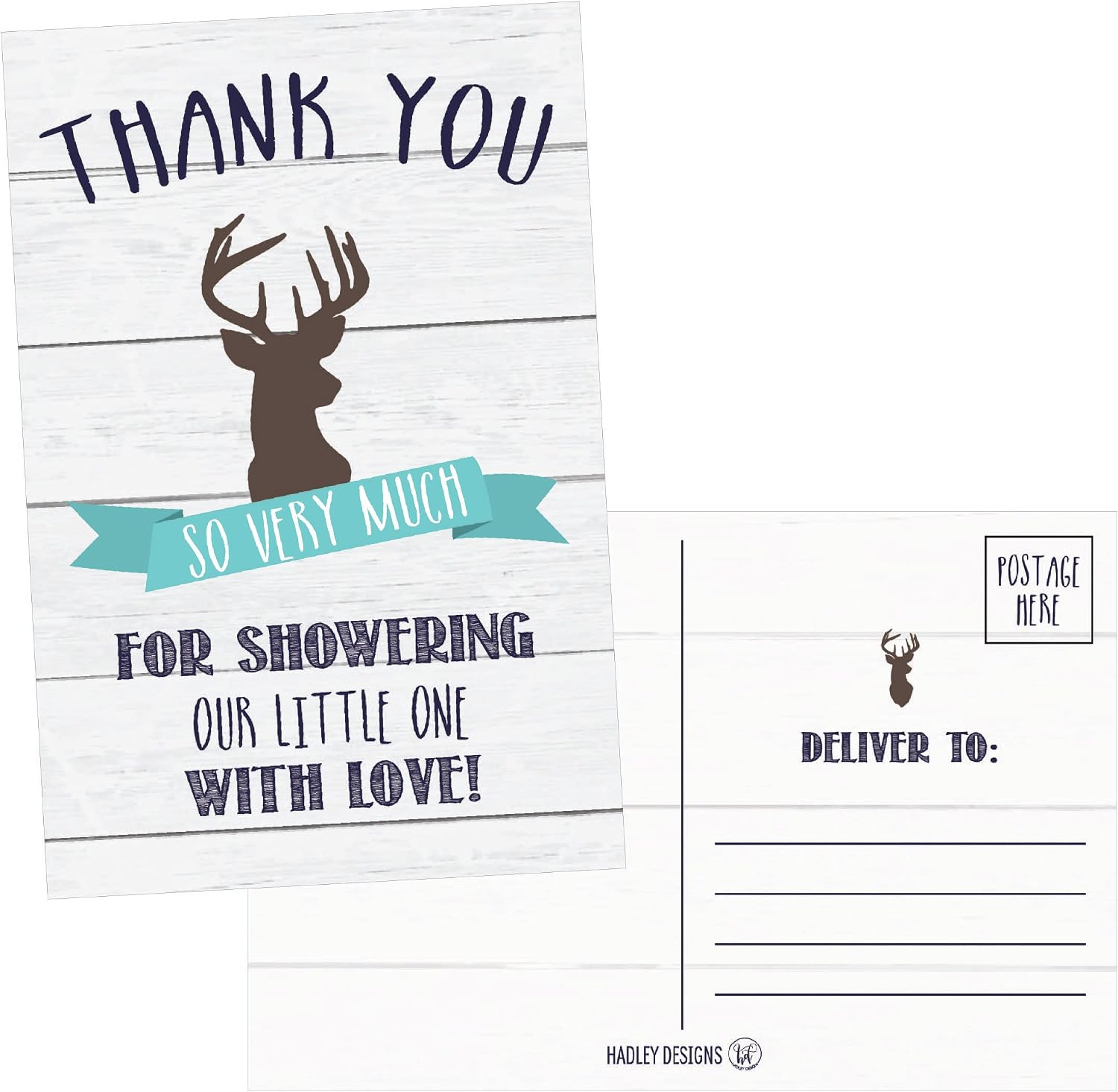 Hadley Designs 50 4x6 Rustic Deer Baby Shower Thank You Postcards Woodland Animals Bulk, Modern Cute Boho Blank Thanks Note Card For Girl or Boy Stationery Appreciation Set