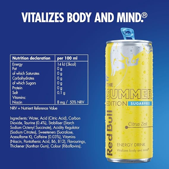 Red Bull Summer Edition Sugarfree Citrus Zest Energy Drink 250ml 4 Pack (Pack of 6)