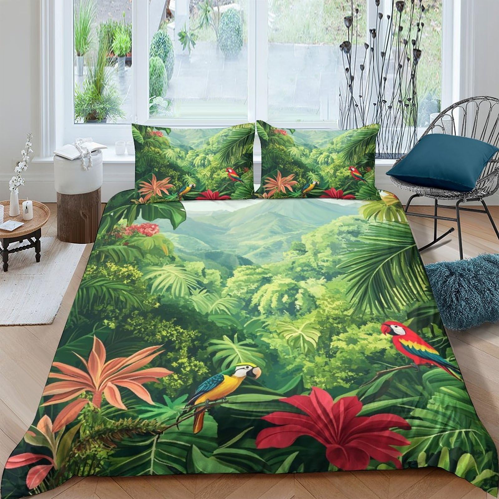 Ctjqhvkz Style-4 3D Printed Tropical Jungle Fitted Sheet Microfiber Soft Parrot Forest Bed Cover For Bedroom Guest Room Mattress Protection Single（135X200cm）