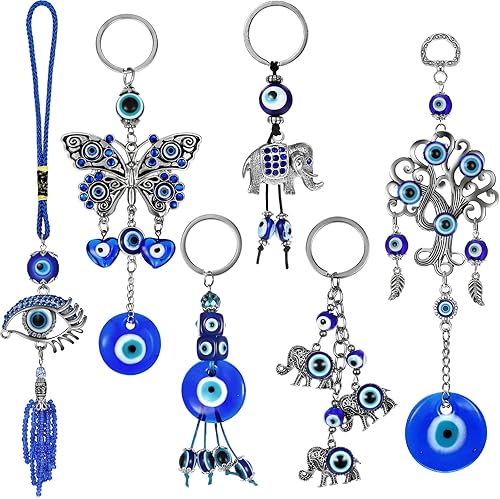 6 piezas de adorno colgante de coche de mal de ojo de la suerte, ojo malvado azul con mariposa, decoración colgante de ojo turco con amuleto de