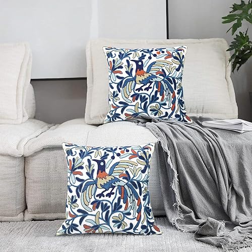 Miniatura 3 de Alysheer Juego de 2 fundas de almohada decorativas bordadas de 18 x 18 pulgadas, diseño de pájaro de la suerte bohemio bordado de algodón con patrón