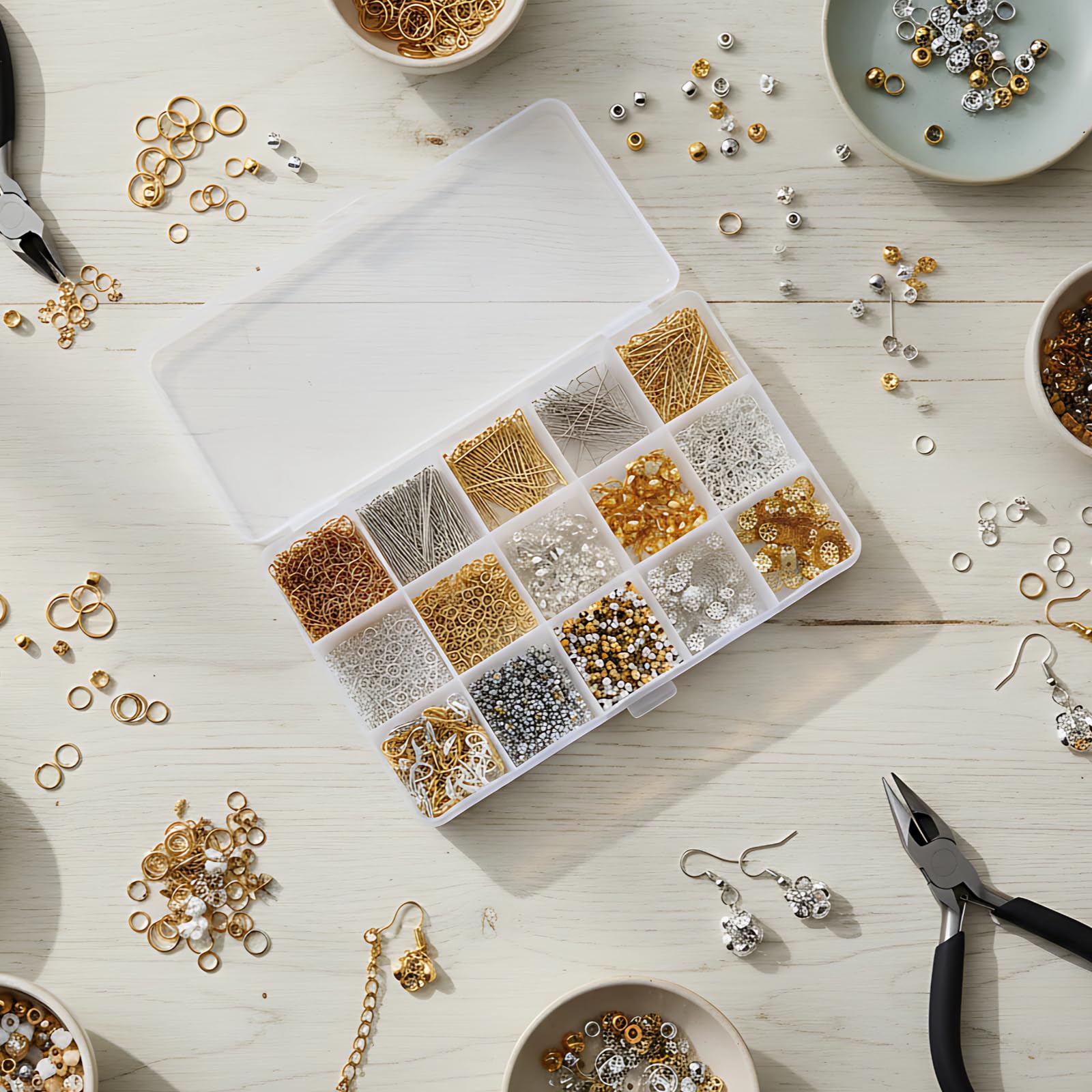 Generisch 1268 Teile Schmuck-Bastelset für Erwachsene und Frauen, DIY Zubehör für Ohrringe, Ketten und Armbänder, Gold- und Silberperlen, Charms, Schmuckteile und Werkzeuge für Einsteiger