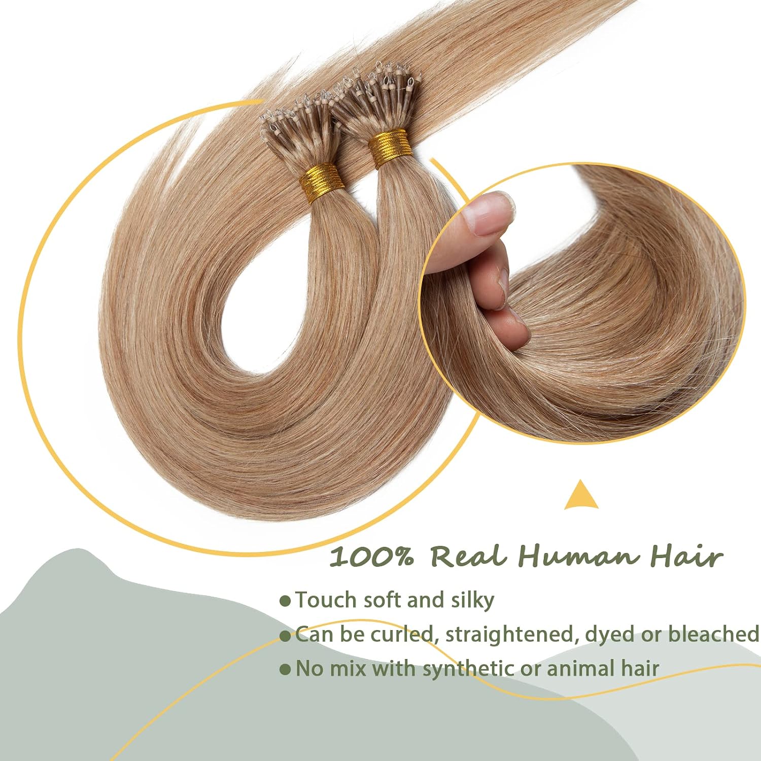 SEGO Nano Bead Ring Human Hair Extension Pre Bonded Nano Tip Remy Hair Extensions Micro Beads Rings Loop Hand Tied Hairpiece 22 Inch #27 Dark Blonde 1g/strand 50g/pack