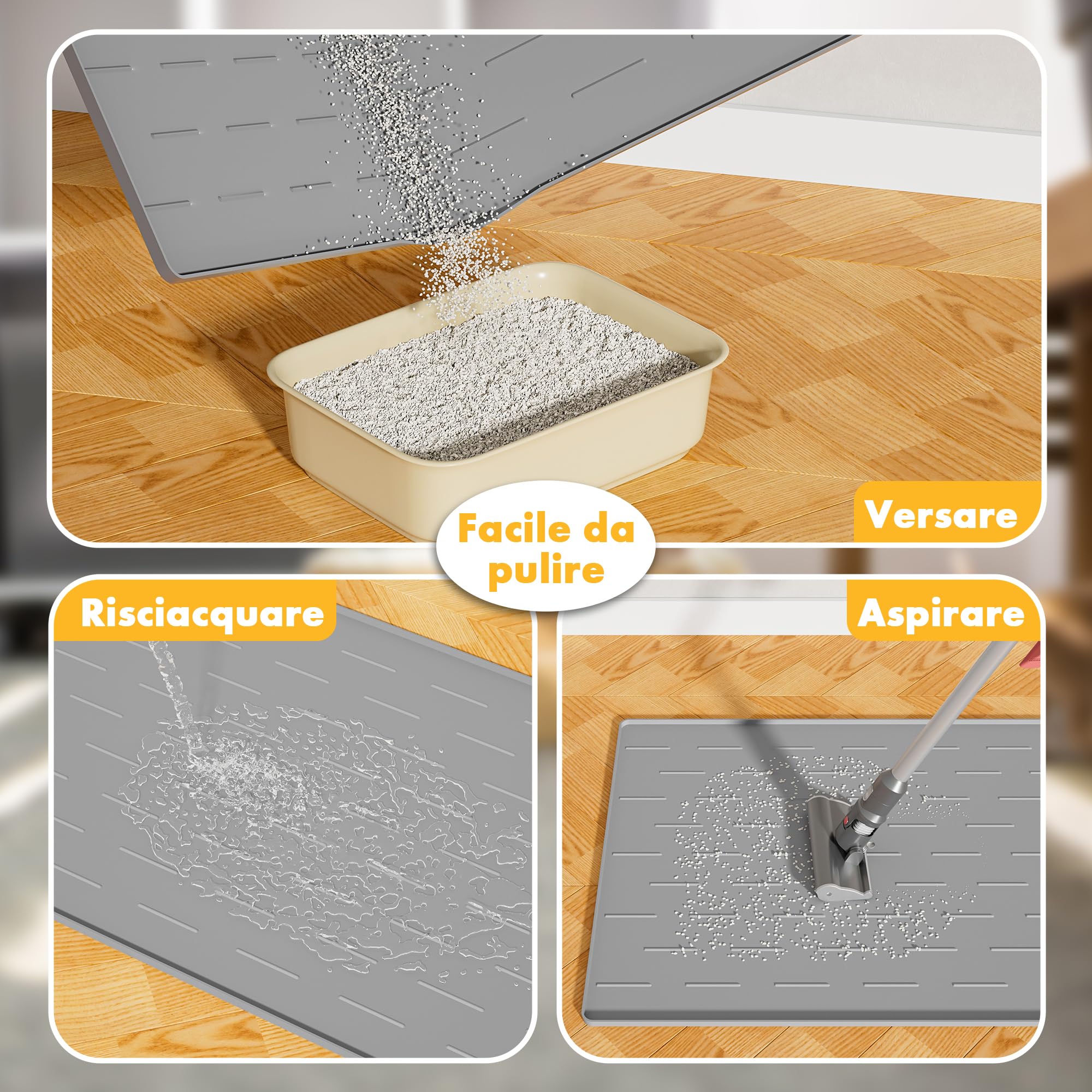 Pieviev Tappetino Lettiera Gatto Silicone, 86x56cm Tappeto Lettiera Gatto, Impermeabile e Antiscivolo, XL Grande Cat Litter Mat per Raccogliere la Sabbia, Grigio Chiaro