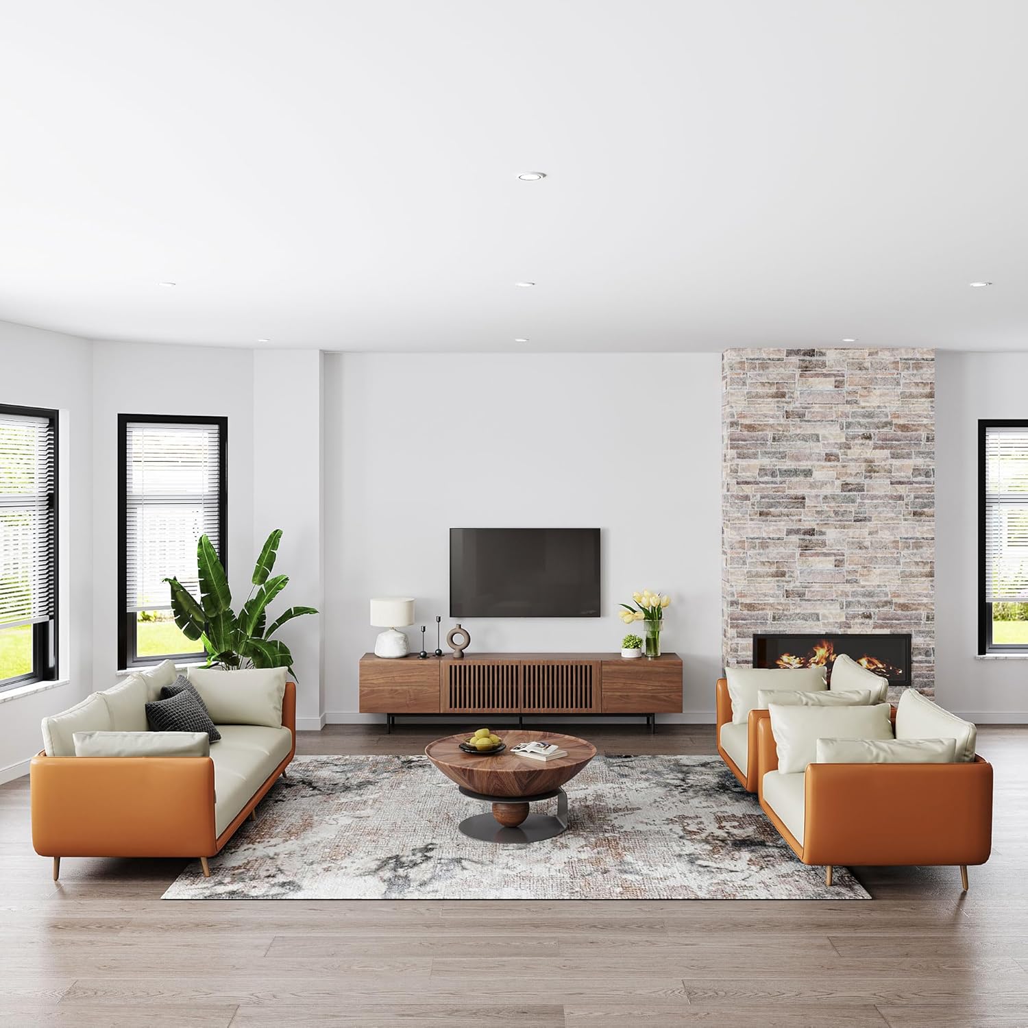 POVISON Modern Solid Wood TV Stand, Entertainment Center for 70 75+ Inch TV, Slatted Media Console TV Cabinet with Tall-cast Metal Legs, Walnut Veneer, Fully-Assembled, 78