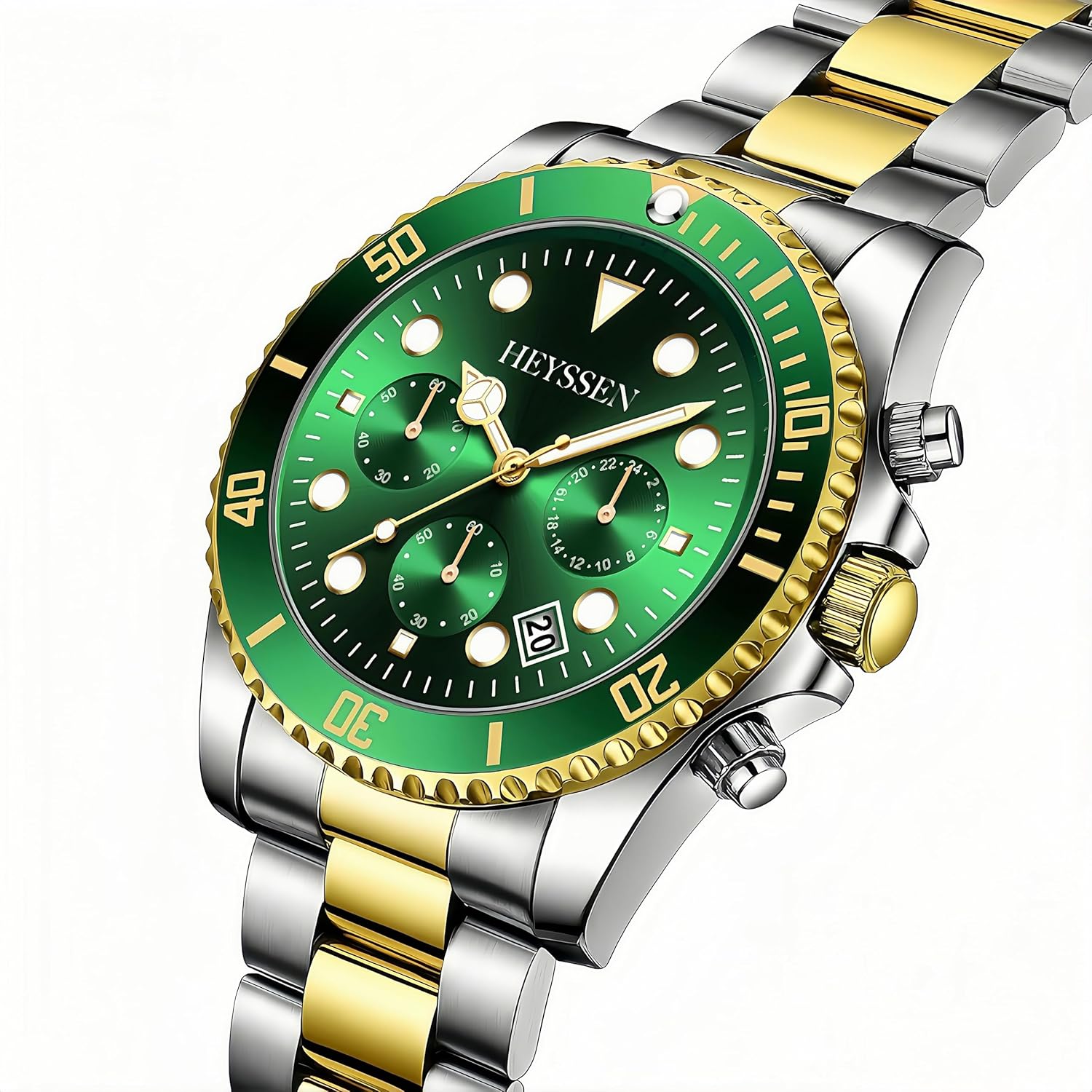 Watches For Men Quartz Stainless Steel: Dress Watch For Mens Wrist Luxury Gold And Silver Metal Two Tone Black Dial Big Analog Classic Diver Waterproof Chronograph Green Face Business Man Gift - Image 8