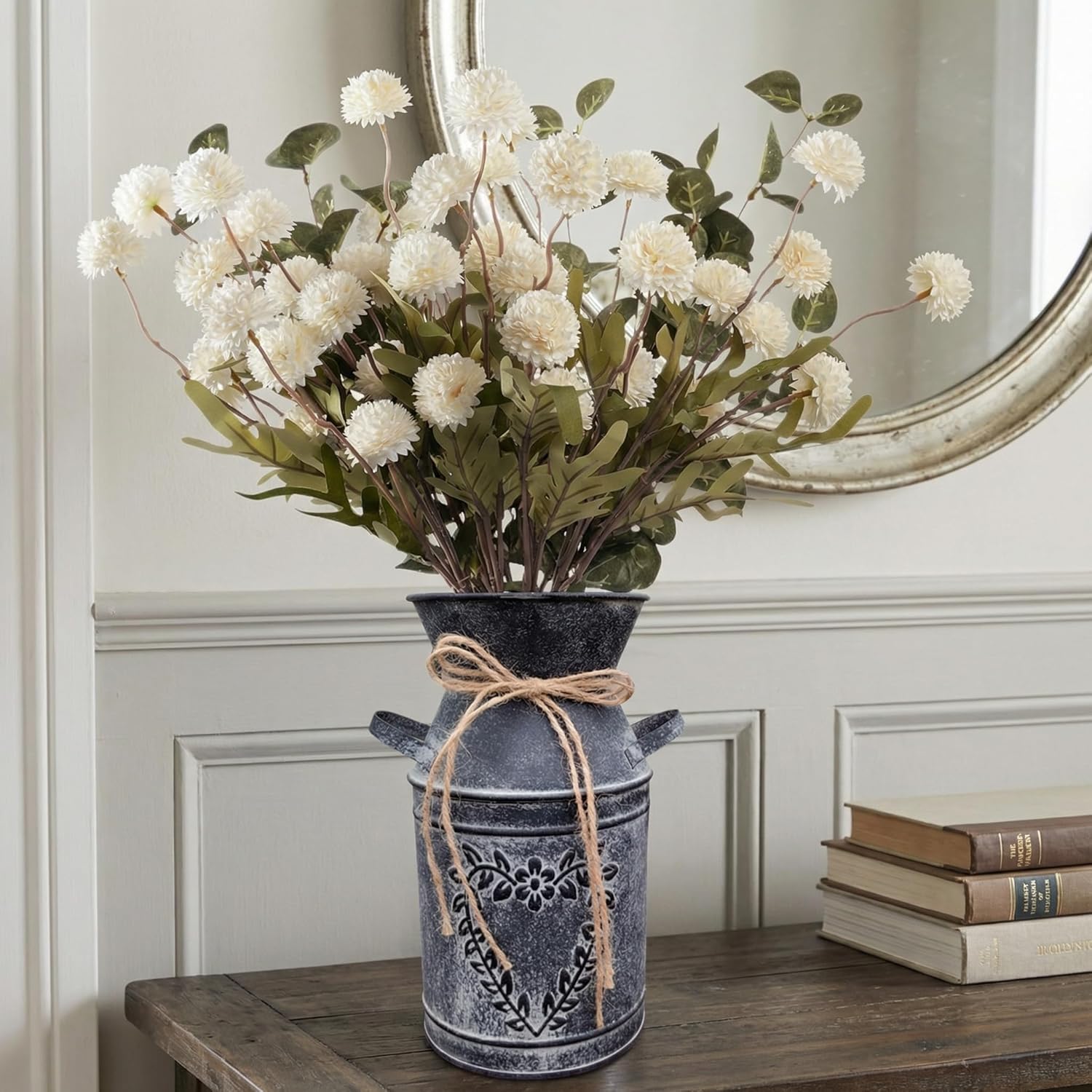 16.5''H White Fake Flowers in Vase for Centerpiece Table Decorations with 10Pcs Fake Mums Flowers Eucalyptus Stems Faux Pompon Kiku Flowers Arrangement for Home Farmhouse Decor