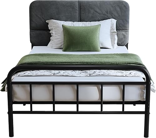 Miniatura 8 de Base de cama metálica de 14 pulgadas, base de cama tamaño individual con cabecero tapizado, base de colchón resistente y de alta capacidad, fácil