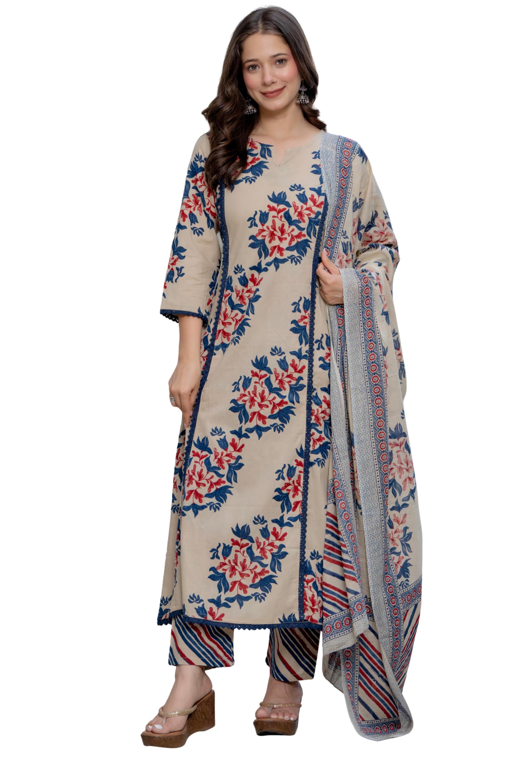 Amayra Woman's Pure Cotton Printed Straight Kurta Sets With Pants & Dupatta|Kurti Set for Woman|Suit Set for Women