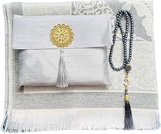 Muslim Prayer Rug and Beads with Elegant Slub Fabric Bag | Janamaz | Sajadah | Soft Islamic Prayer Rug | Islamic & Mawlid Gifts | Prayer Carpet Mat, Taffeta Fabric (Grey, 8 Sets)