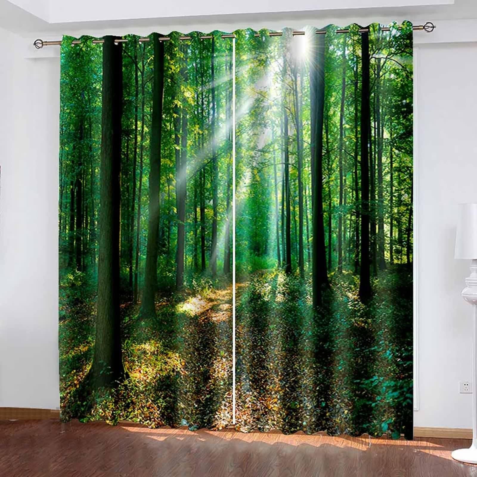 Rideau Vert Anniversaire, Rideau Occultant Polyester Paysage Naturel D'Arbres 152L x 183H CM Lot de 2