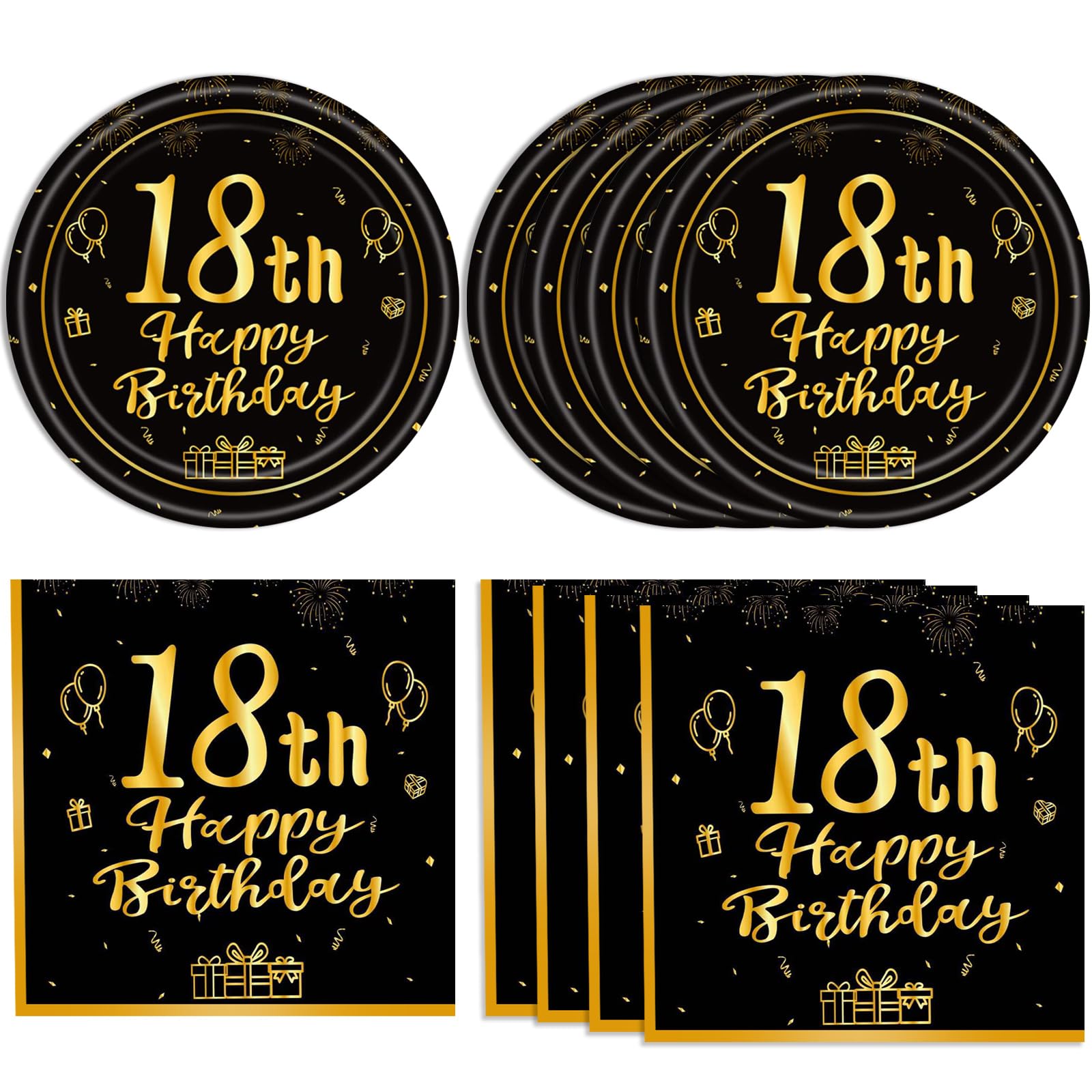 40Pcs 18th Birthday Decorations for Boys Girls Happy 18th Birthday Black Gold Birthday Plates Napkins Dinnerware for Her Him 18 Years Old Birthday