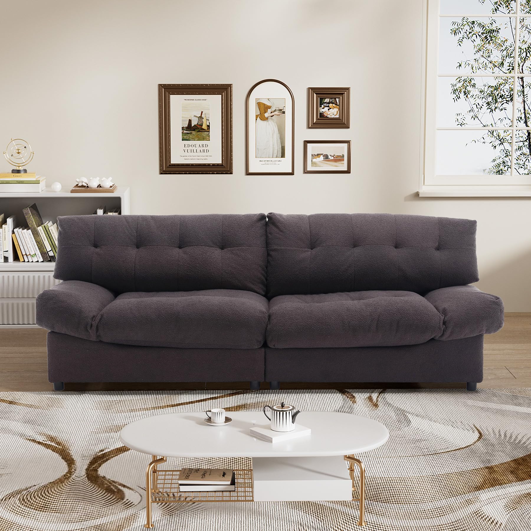 NolohooCloud Deep Seat Sofa Couch, 96" Comfy Teddy Overstuffed Couches for Living Room, Modern Upholstered 3 Seater Oversized Loveseat Sofa, Cozy Sherpa Padded Fluffy Couch, Dark Grey