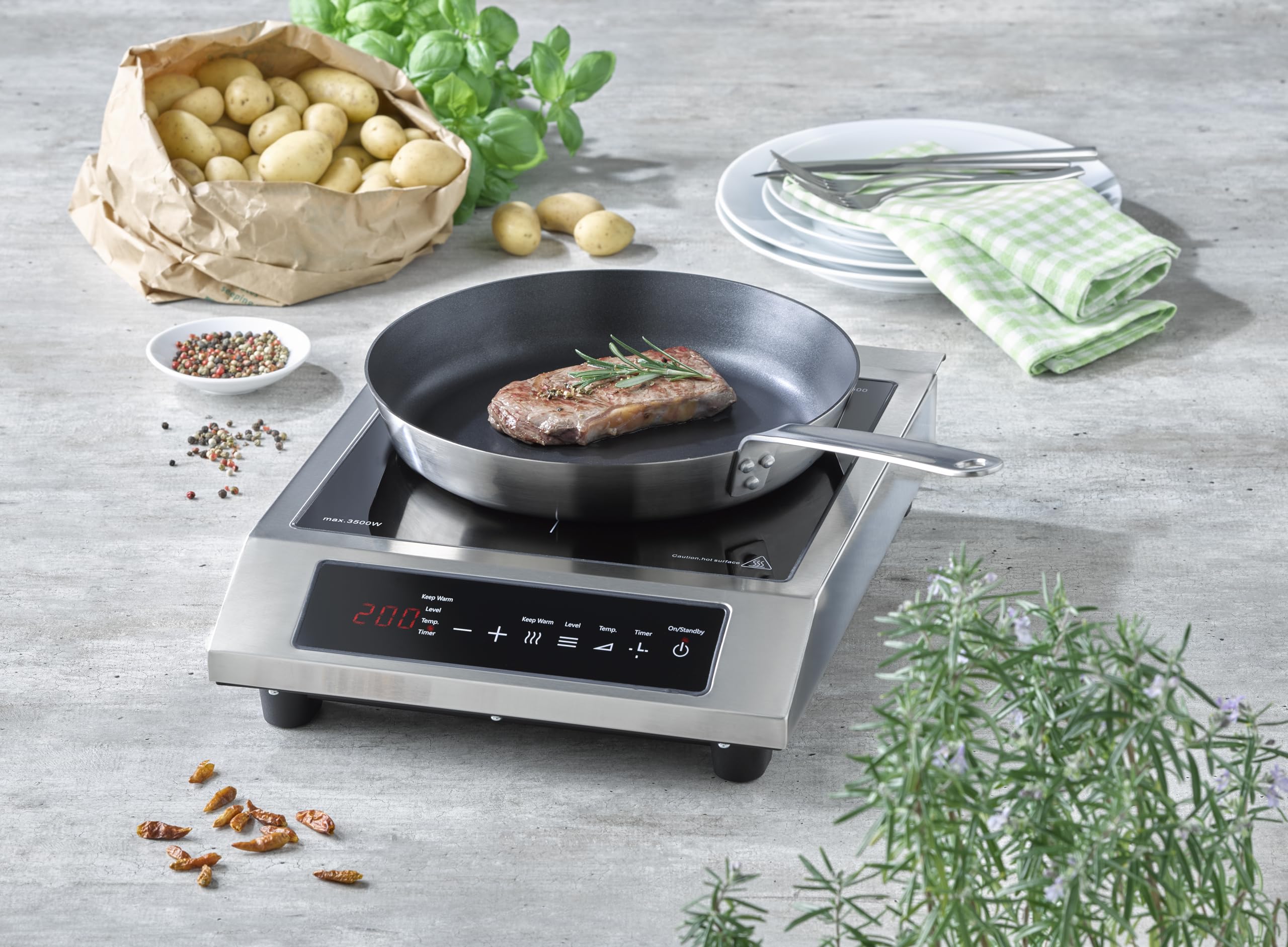 CASO ProChef 3500 - Mobiles Einzel- Induktionskochfeld, 3500 Watt, Temperatur 60-240°C, Kochplatte mit Timer- & Warmhalte-Funktion, 12 Leistungsstufen, Edelstahlgehäuse, für Topfgrößen 12-27cm