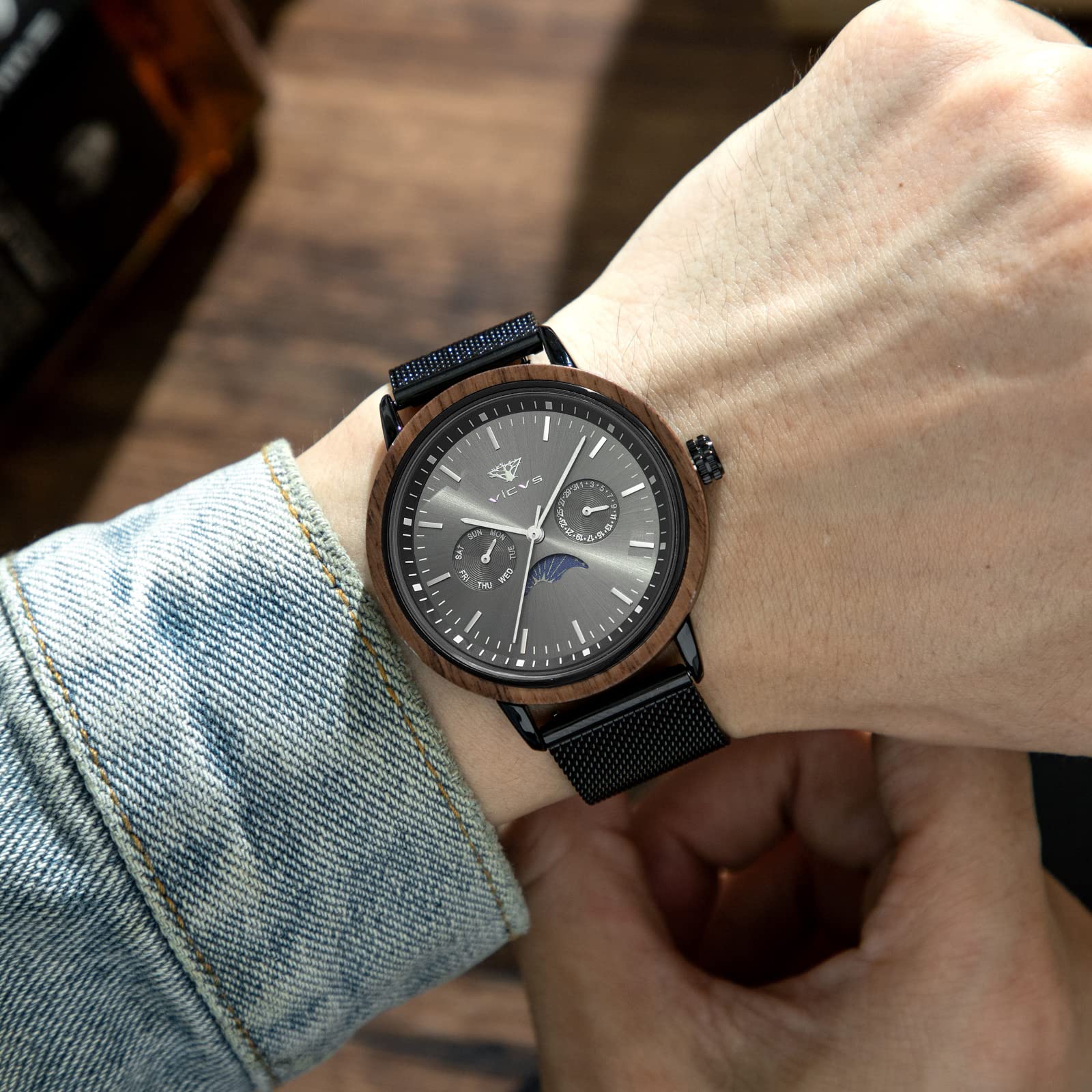 Reloj de Madera para Hombre Reloj es de Madera y Acero Inoxidable con un Reloj de Madera con Fecha y Fase de Luna a la Vez Casual y Deportivo