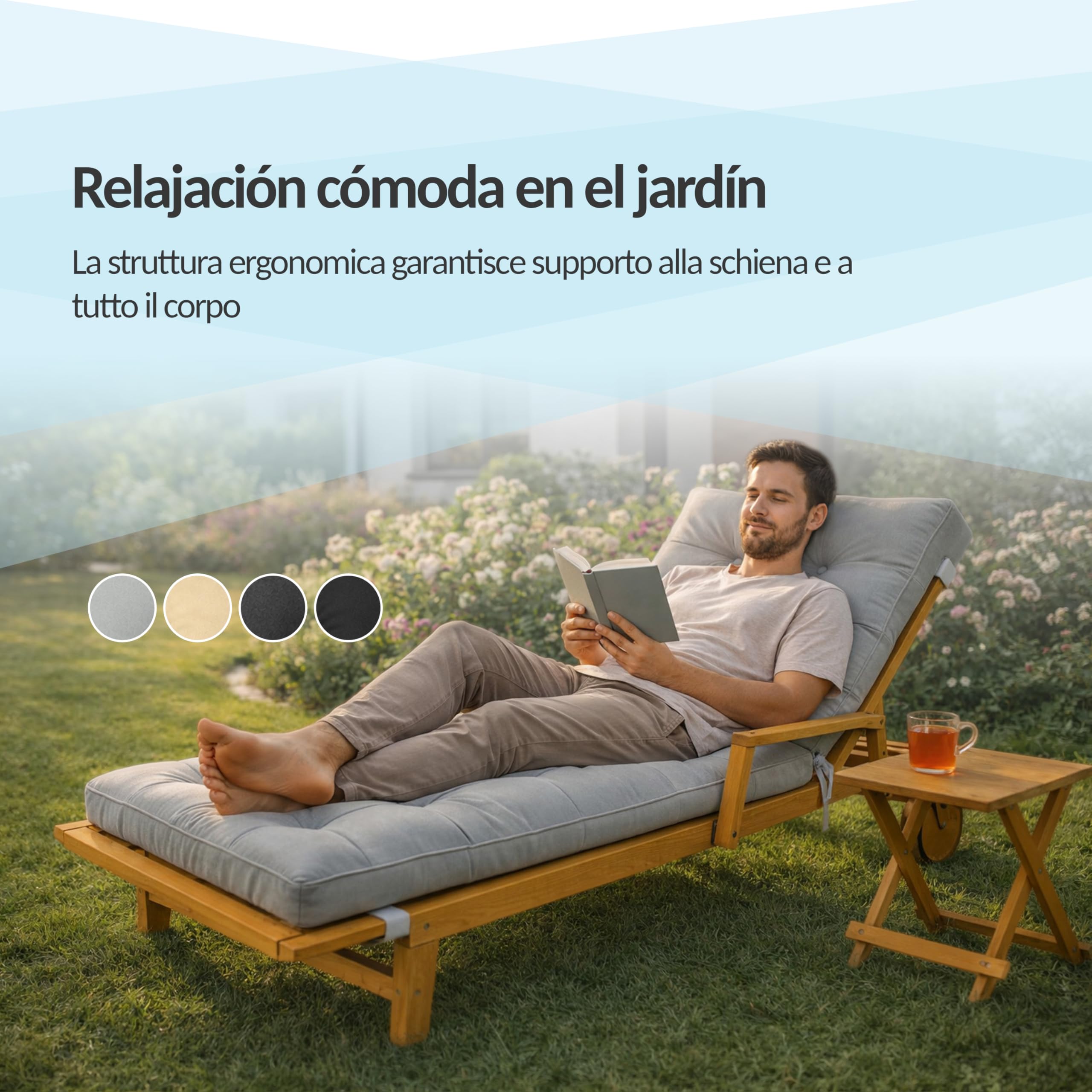 POKAR Cojín Tumbona Exterior 200x60x13 cm | Colchoneta para Tumbona de Jardín Impermeable y Repelente al Agua | Acolchado y Espesor 13 cm | Ideal para Terraza y Piscina | Made in EU | OEKO-TEX | Beige
