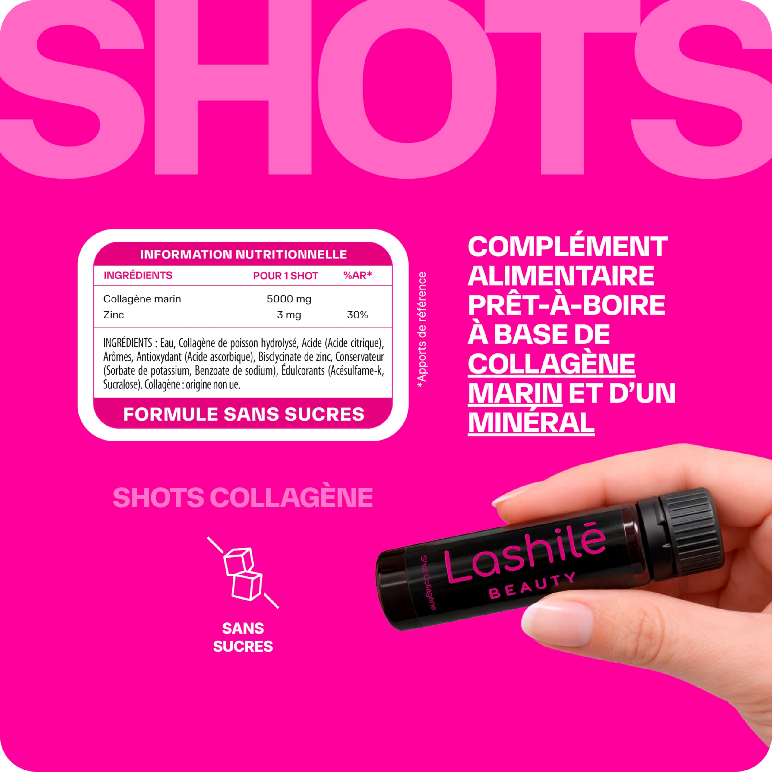 Lashilé Beauty - Complément Alimentaire - Anti-âge Global - Shots Collagène Marin 5000 mg - Type 1 et 3 -Nutricosmétique à boire - Collagène marin 1 et 3 Zinc - Made in France - Programme 1 mois