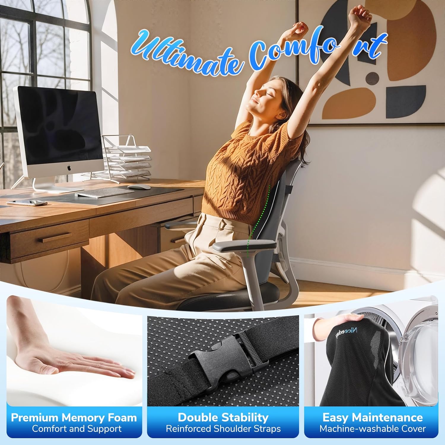 Niceeday Lumbar Support Pillow for Office Chair Car Lumbar Pillow Lower Back Pain Relief Memory Foam Back Cushion with 3D Mesh Cover, Back Pillow Ergonomic Orthopedic Back Rest