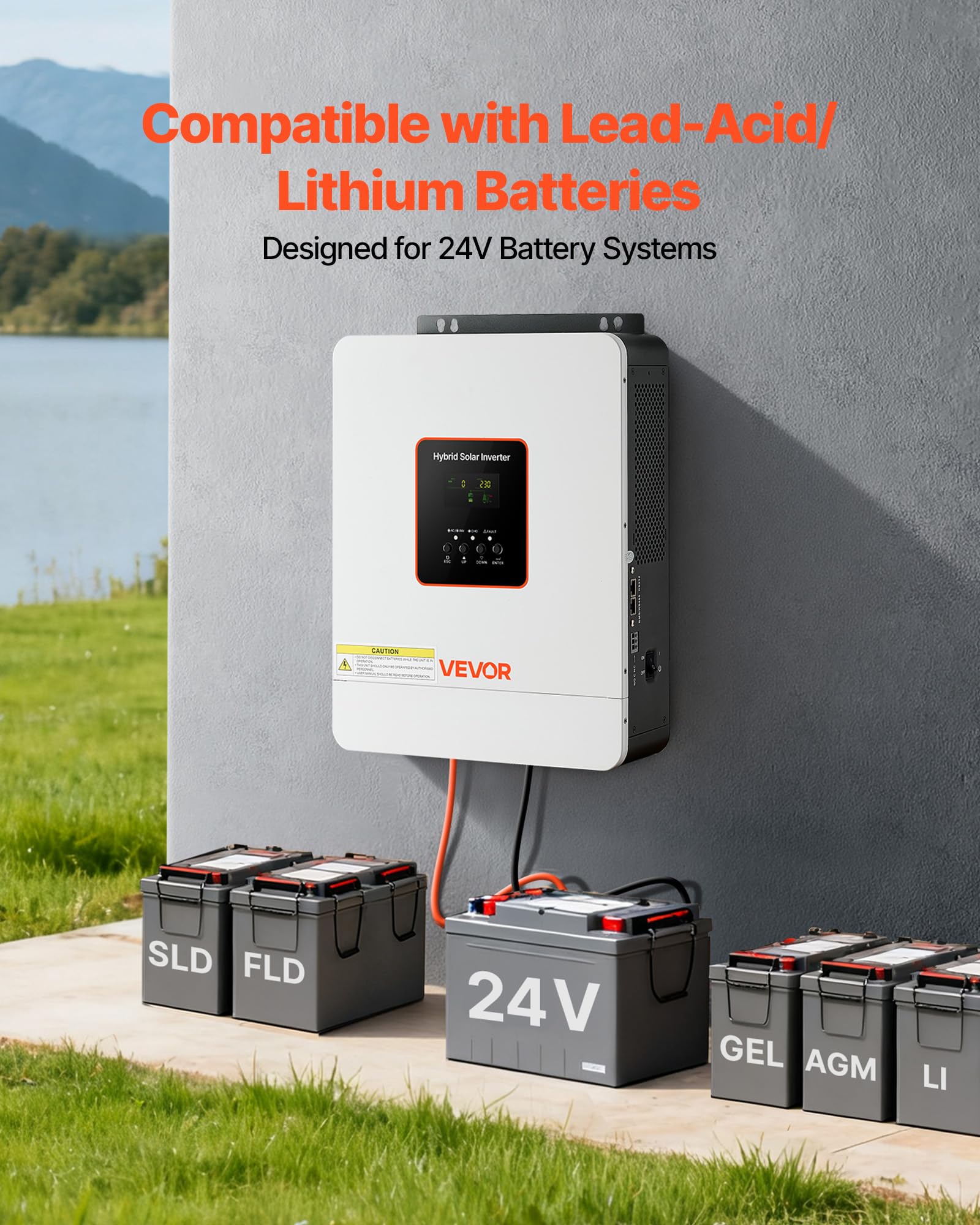 VEVOR Inverter Solare Ibrido Off-grid 3000 W 24 V CC a 230 V CA, Inverter e Caricabatteria Onda Sinusoidale Pura, Regolatore Solare MPPT da 80 A Integrato, Compatibile con Batteria al Litio al Piombo
