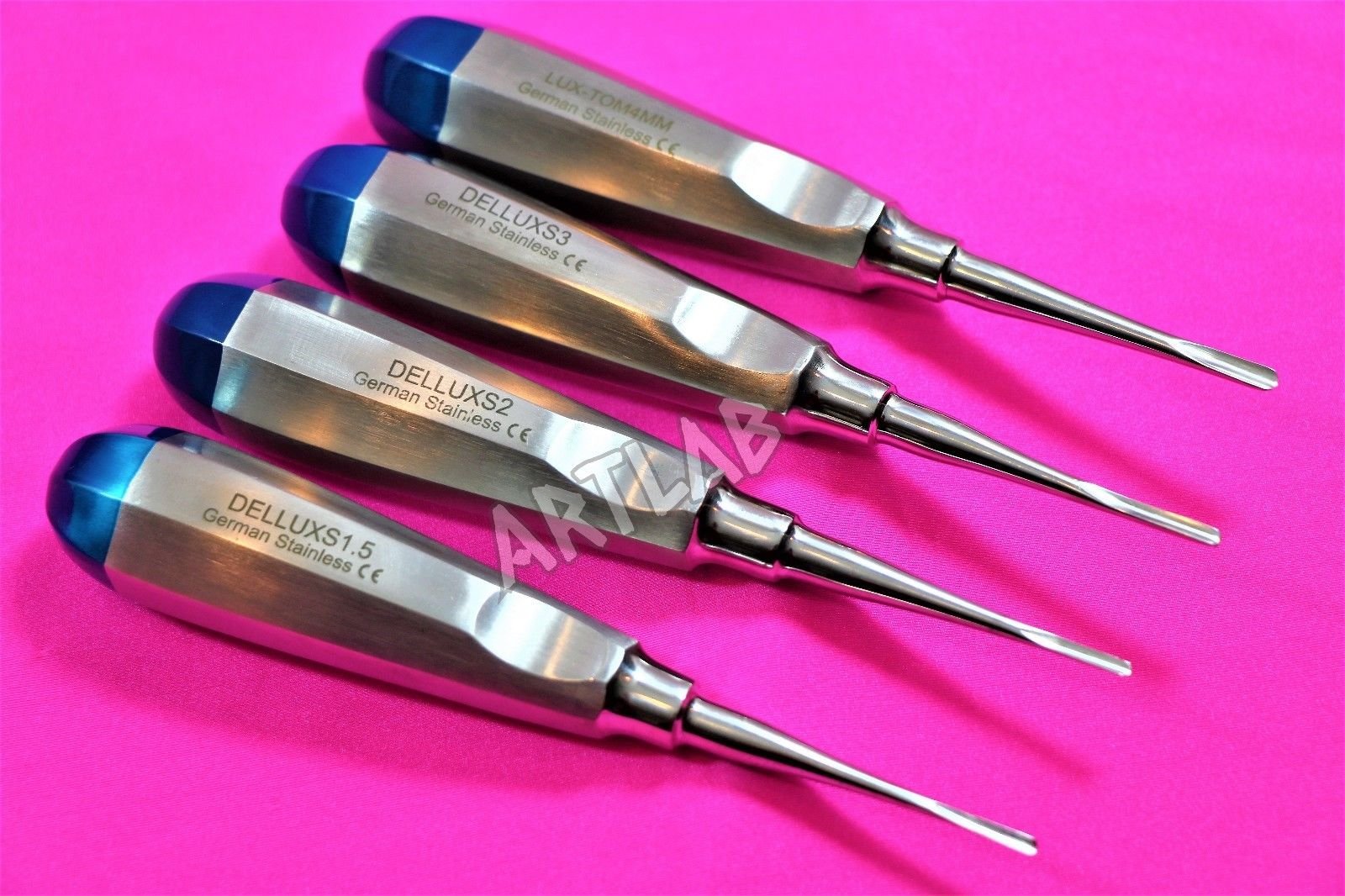 German Dental Elevator Straight 4PC Blue 1.5, 2.0,3.0,4.0 Orthodontic Instruments (CYNAMED)