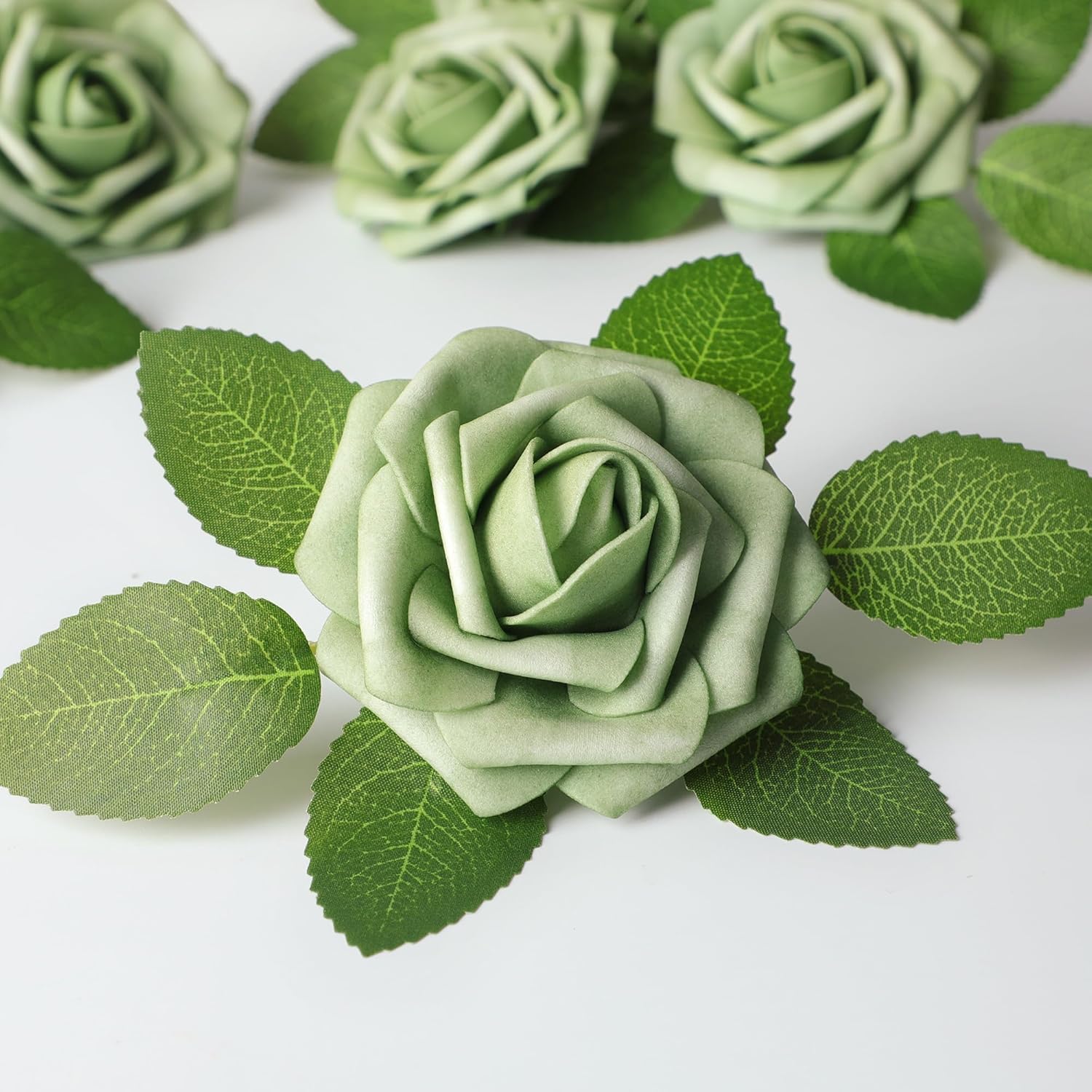 Mocoosy 50Pcs Rose Artificial Flowers, Sage Green Fake Roses for Decorations, Real Touch Elf Green Foam Roses with Stems DIY Wedding Bouquet Bridal Shower Centerpieces Floral Arrangements Home Decor - Image 2