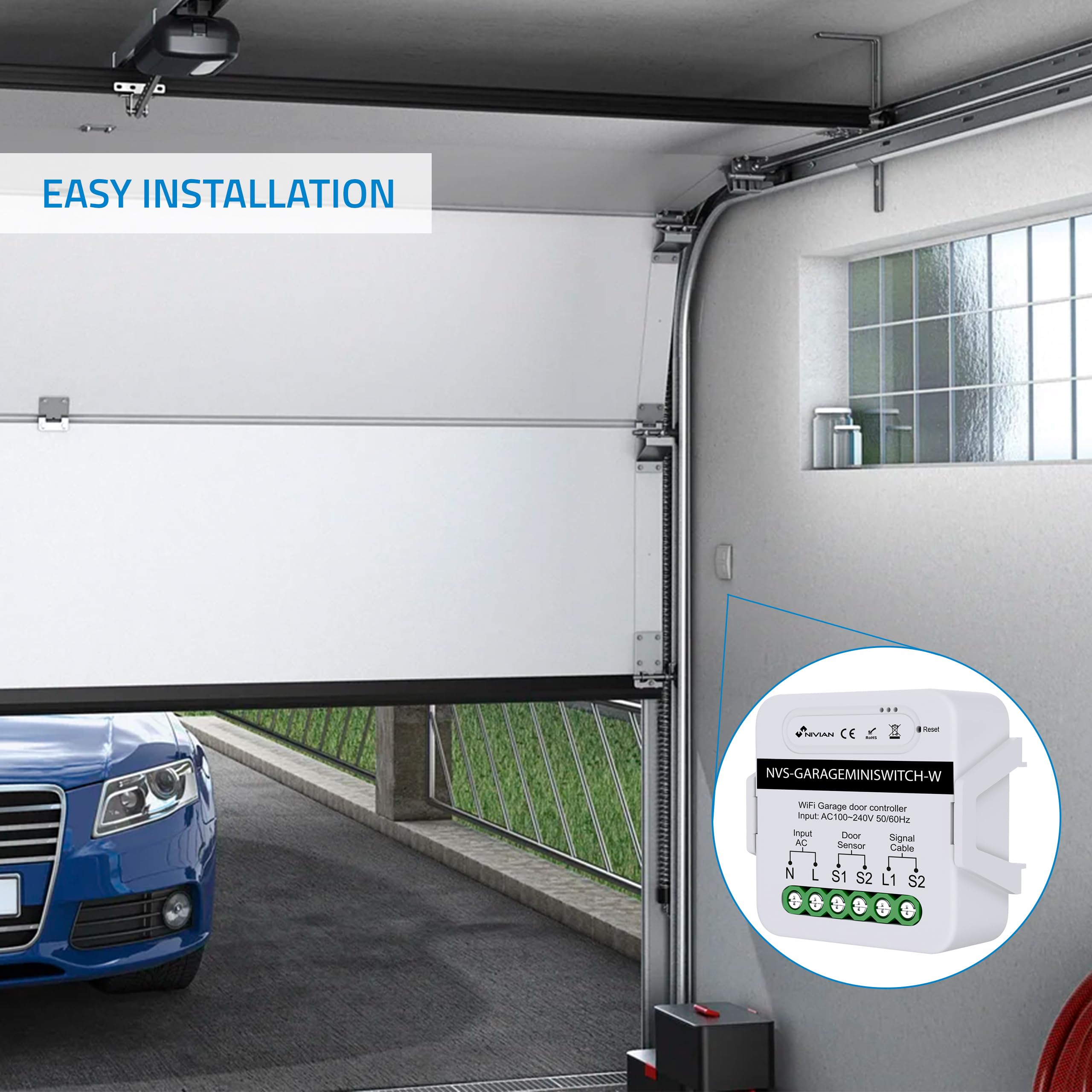NIVIAN Contrôleur WiFi pour moteur de porte de garage Contrôle à distance par App Tuya/SmartLife Programmation Horaire, Minuterie et Scènes Intelligentes Compatible avec Alexa et Google