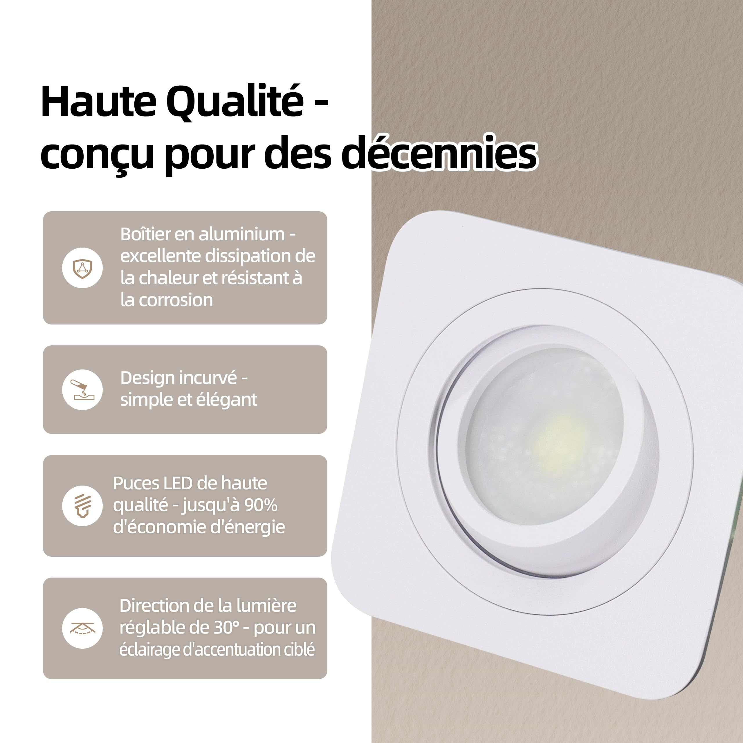 Spot Led Encastrable Dimmable Orientable, 5W 550LM Spot Salle de Bain IP65, Spots de Plafond Carrés, 230V Spots LED Blanc Chaud/Blanc Neutre/Blanc Froid Réglable, Ø78mm CRI90+