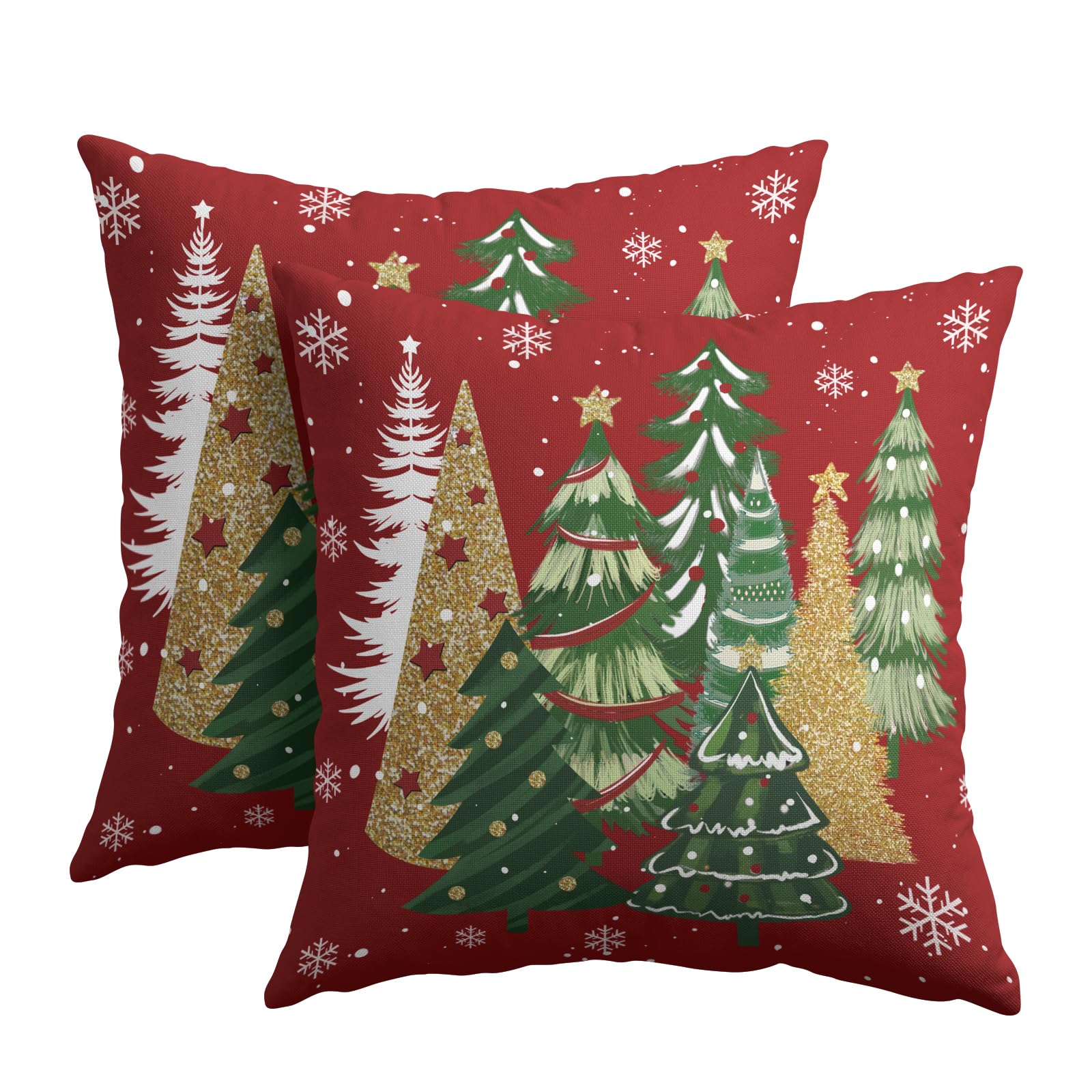 Kawani Christmas Red Throw Pillow Cover Set of 2, Gold Green Xmas Trees Holiday Home Decor Square Cushion Pillowcase 22x22 in Covers for Sofa Couch Bed Farmhouse Outdoor Patio Porch โ image 1
