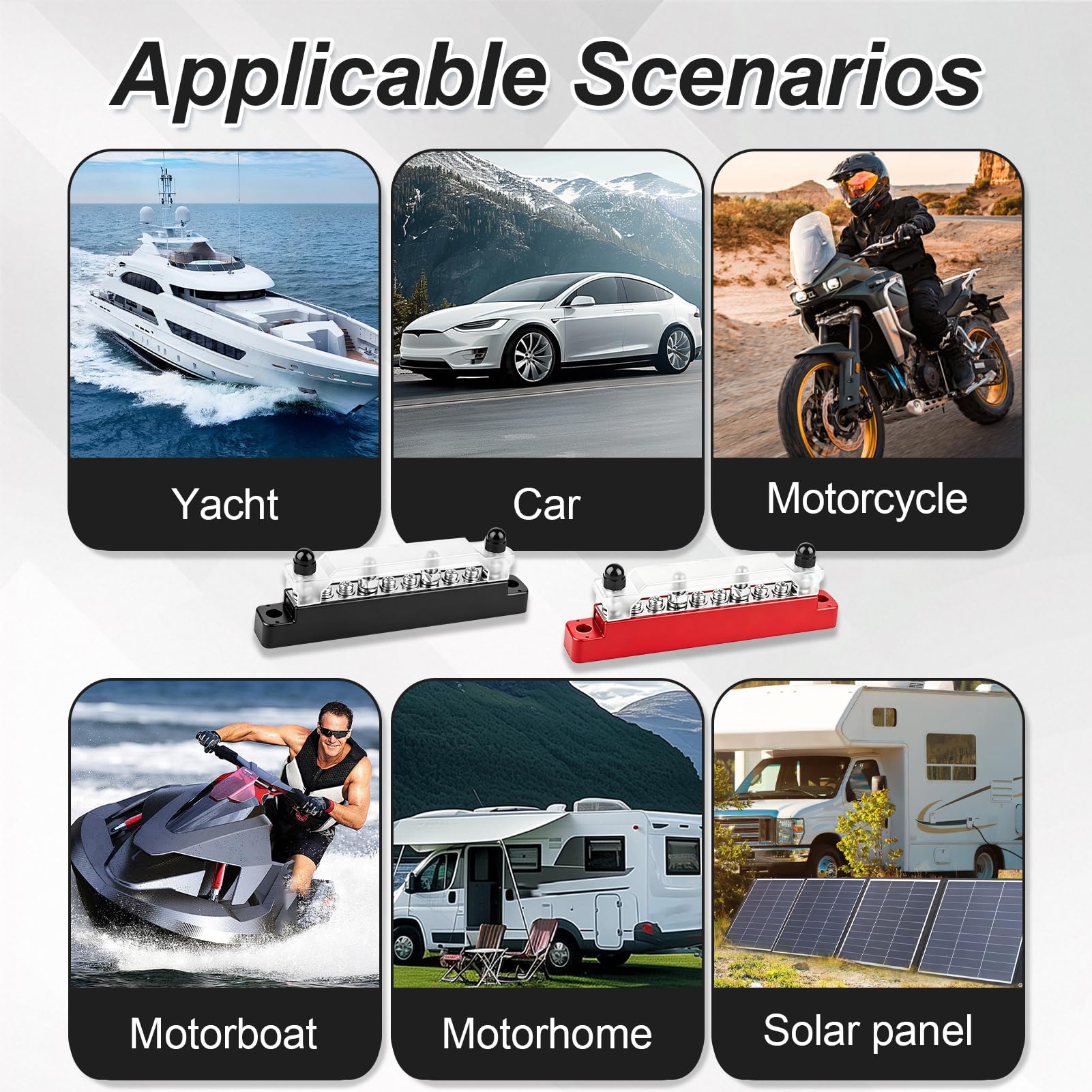 Bloque de Distribución de Energía 12V-48V CC 150A, 2 Piezas Barra Colectora con 4 Pernos M6 y 6 Tornillos M4, Caja de Conexiones con Cubierta para Coche, Barco, Autocaravana y Sistema Solar