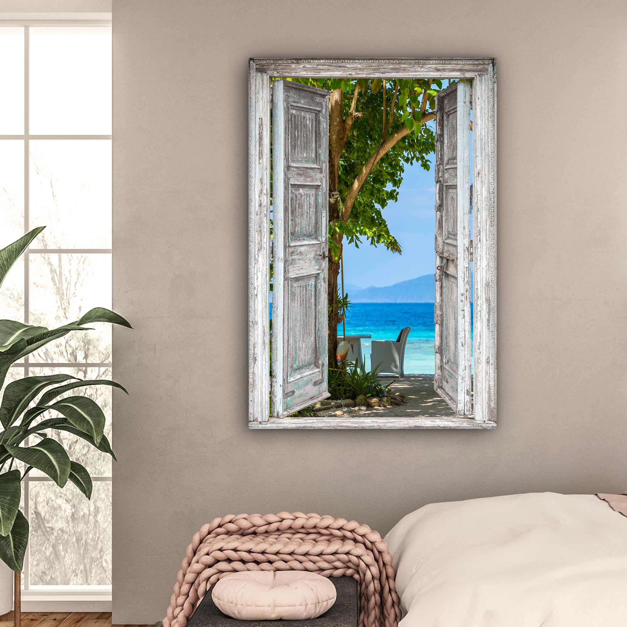 MuchoWow© Laminas Cuadros de Salon para Dormitorio 80x120 cm Lienzos Decoración Pared Cuadro Habitacion Decoracion Playa - Tropical - Mar - Vista desde la ventana