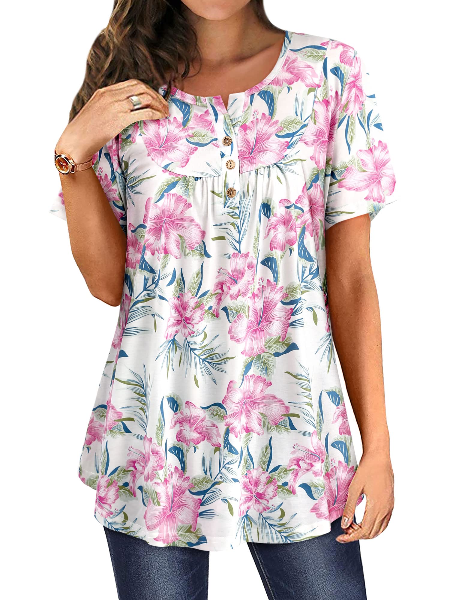 Ezcosplay Womens Short Sleeve Tunics Henley V Neck Pleated Tops Floral Shirts Casual Blouses Tees to Hide Belly