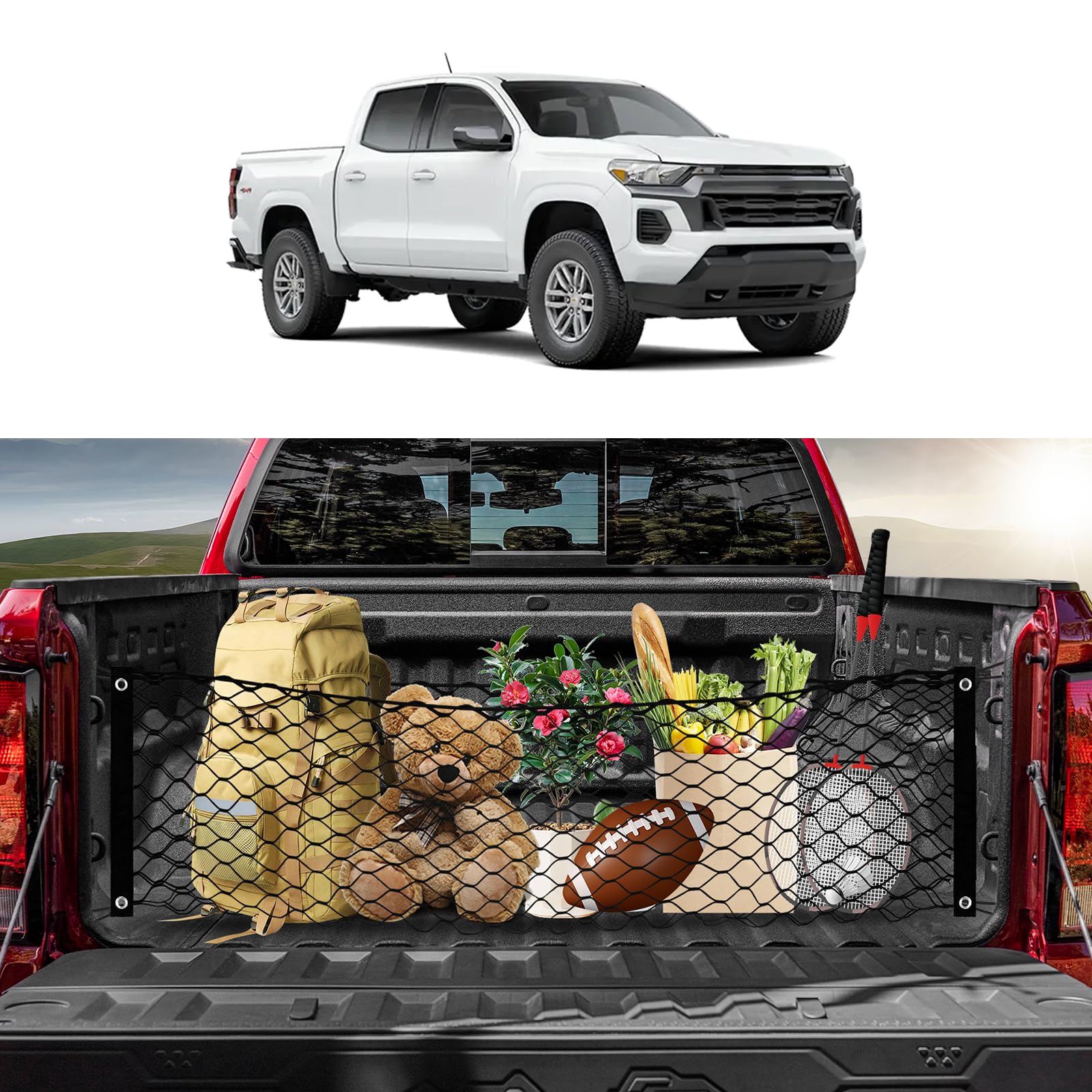 Karltys Truck Bed Cargo Net for 2023-2025 2026 Chevy Colorado and GMC Canyon Accessories, Envelope Style Pickup Cargo Net Chevrolet Colorado Trunk Net Organizer with Hooks For Chevy Colorado