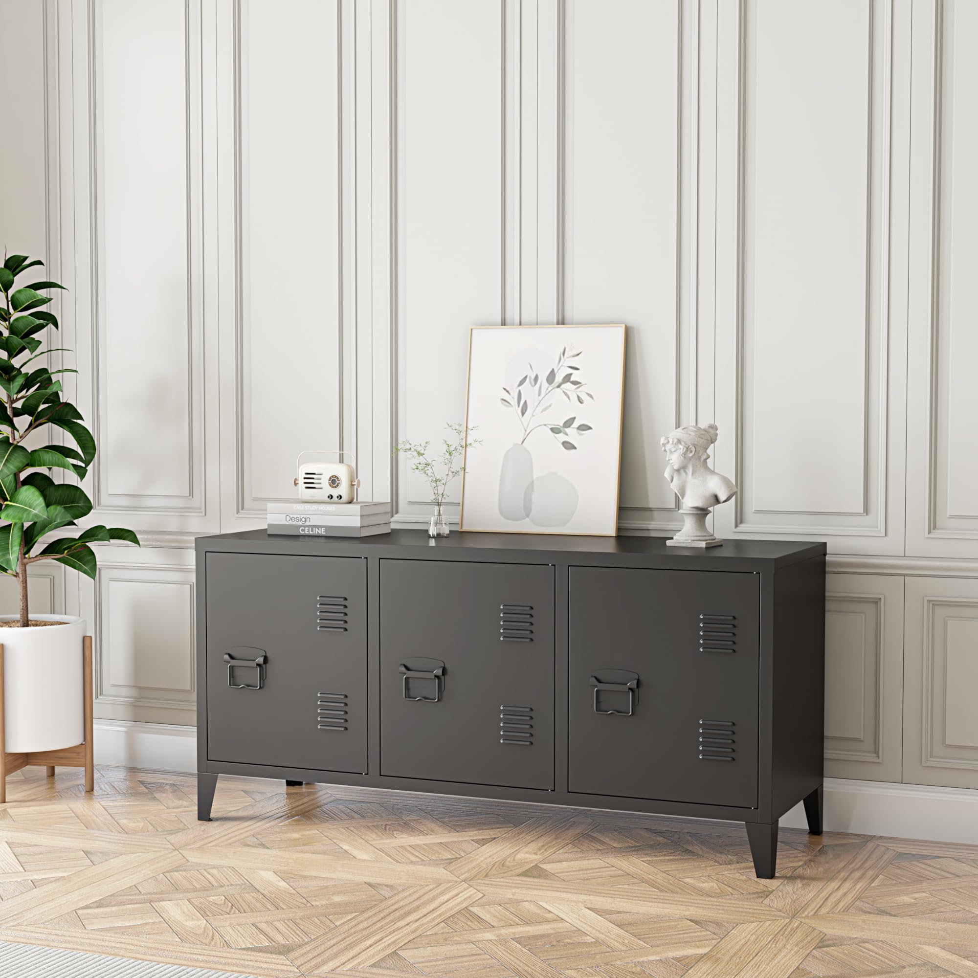[en.casa] TV Schrank Kotka Lowboard mit 3 Türen TV Board Schwarz Fernsehtisch TV Kommode Fernsehschrank 113 x 40 x 58 cm Metall