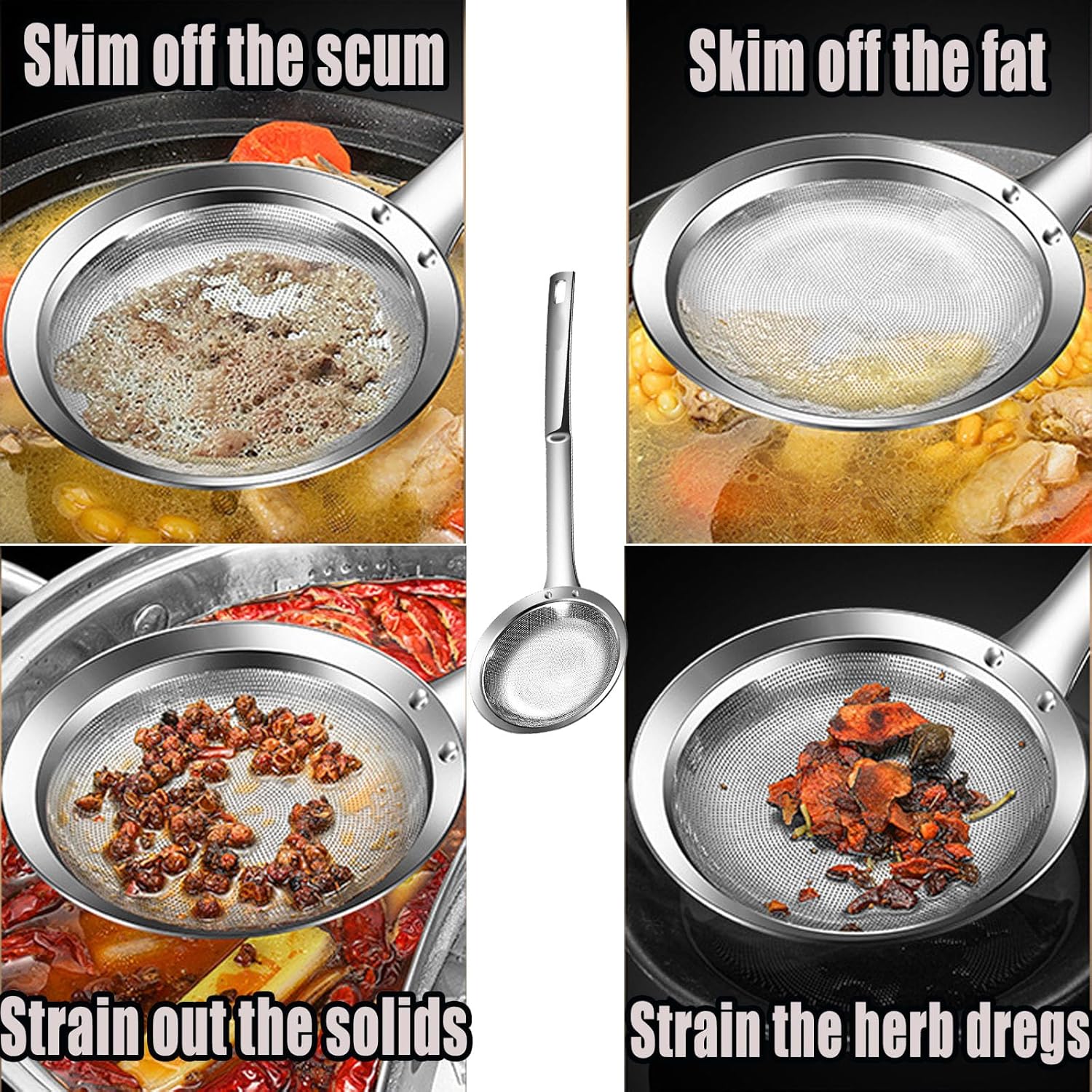 2025 Premium Stainless Steel Fine Mesh Skimmer Spoon - All-Purpose Kitchen Strainer for Frying Oil, Skimming Grease, Foam & Straining (3 Pieces)