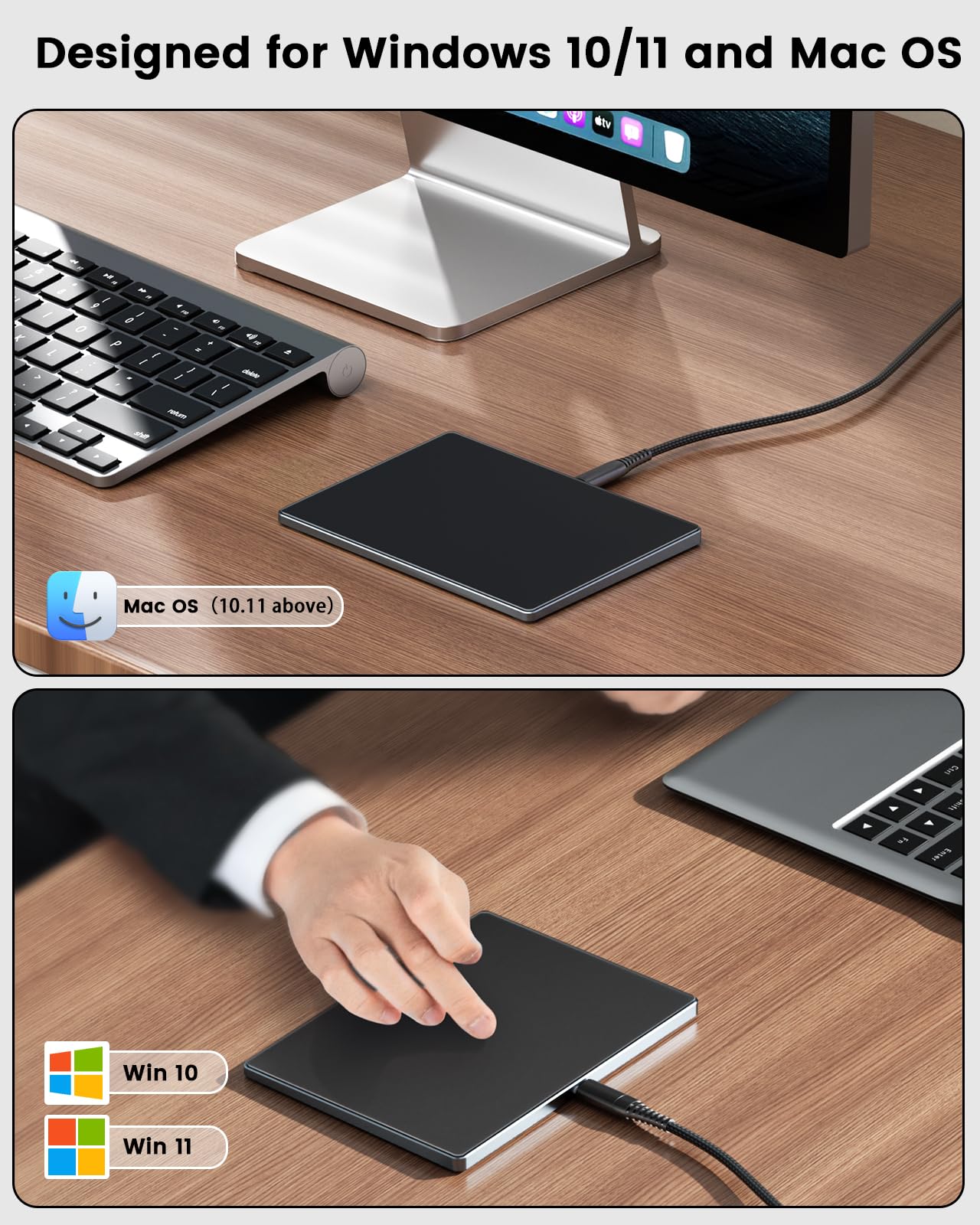 seenda Touchpad para Mac y Windows, Touchpad de Alta Precisión con Superficie de Vidrio y Base de Metal, Touchpad con Modo Doble con Cable para MacBook/PC/Portátil (Negro)