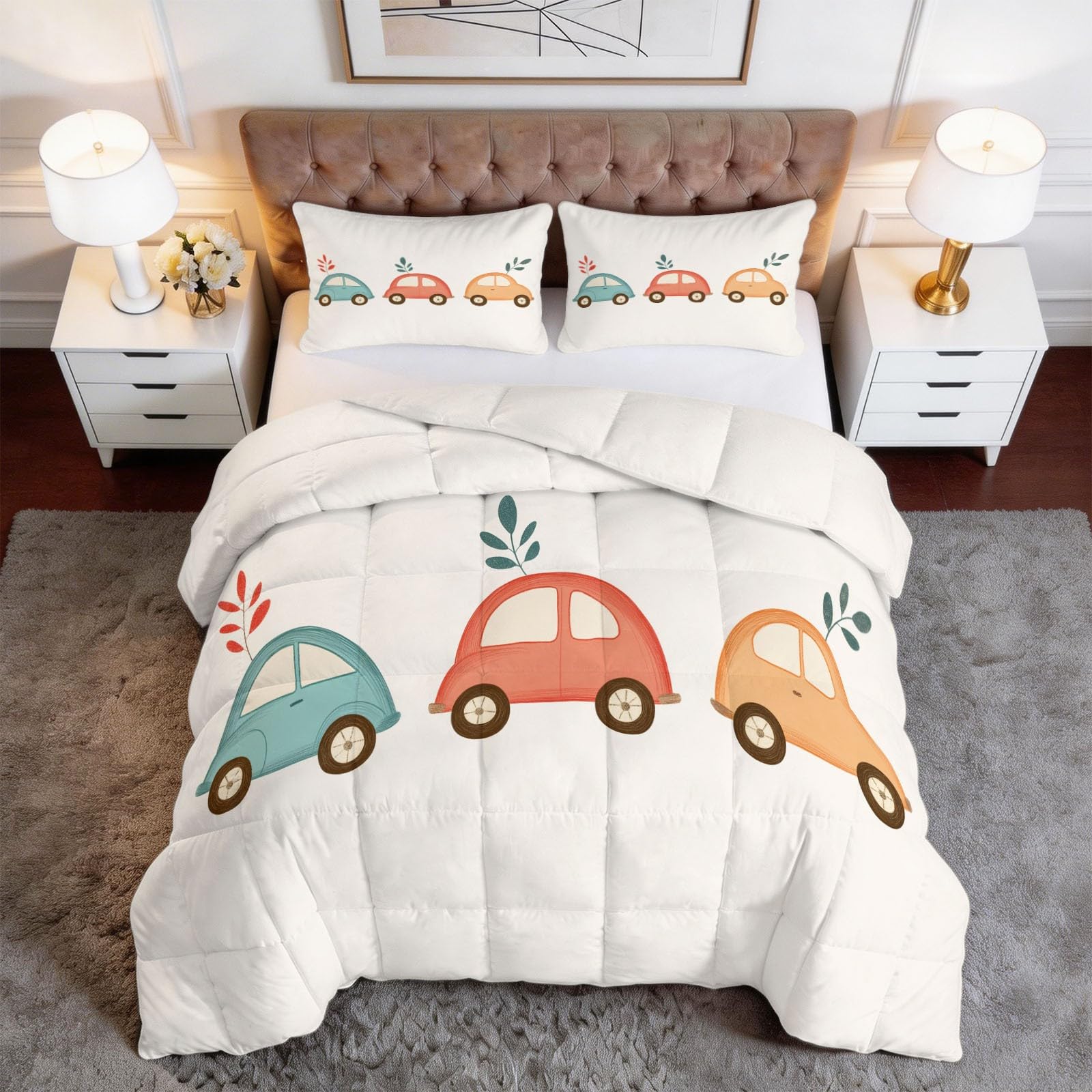 Edredón Nórdico Reversible Dibujo Lindo Coche Blanco, Edredón Relleno Nórdico Cama 135 200x200 cm, 4 Estaciones Acolchado Estampado 3D Suave y Ligero con 2 Fundas de Almohada