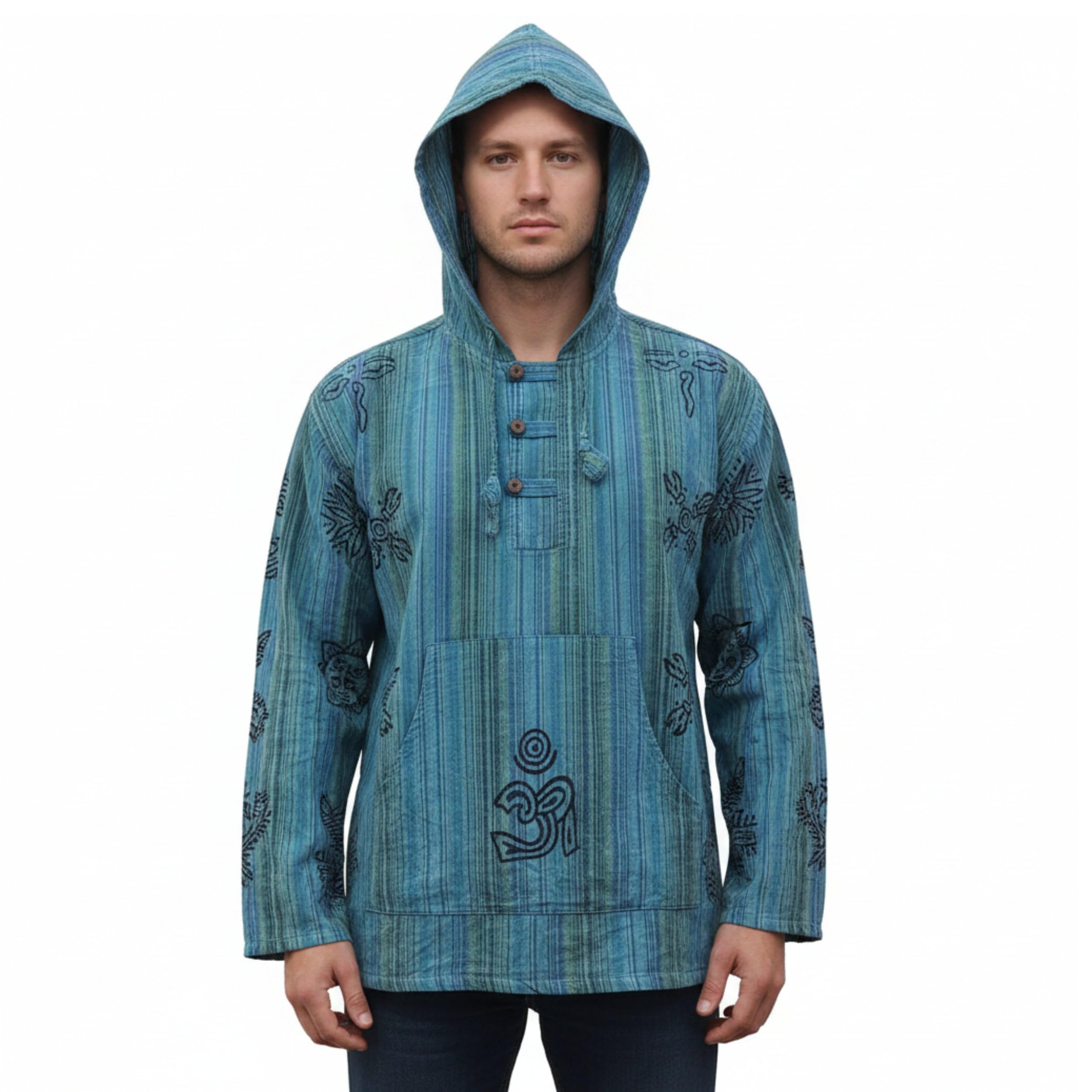 Shopoholic Fashion Felpa con Cappuccio da Uomo a Righe slavate, a Maniche Lunghe, Hippy, Leggera