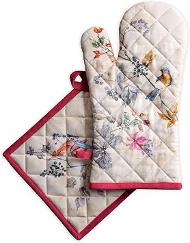 Maison d Hermine 100% Cotton Oven Mitt & Pot Holder Set 7.5"x13" & 8"x8" | Heat Resistant BBQ Cooking Gloves with Loop Baking Kitchen Hotel Home Farmhouse Thanksgiving Christmas - Equinoxe - Beige