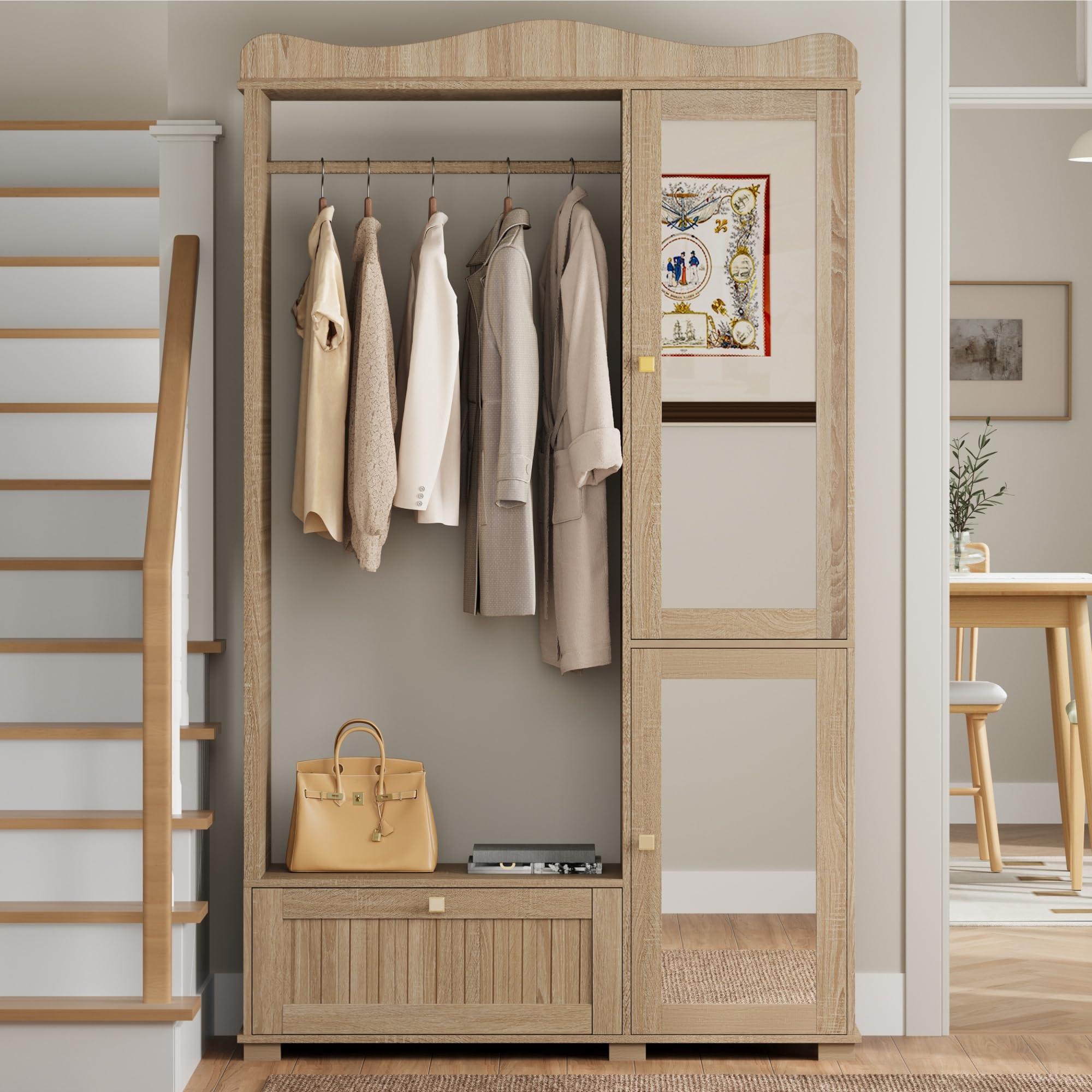 Armario con espejo, 2 puertas, barra y cajón | Tres zonas de almacenamiento de madera de roble, silenciosas herrajes para dormitorio, pasillo y pasillo