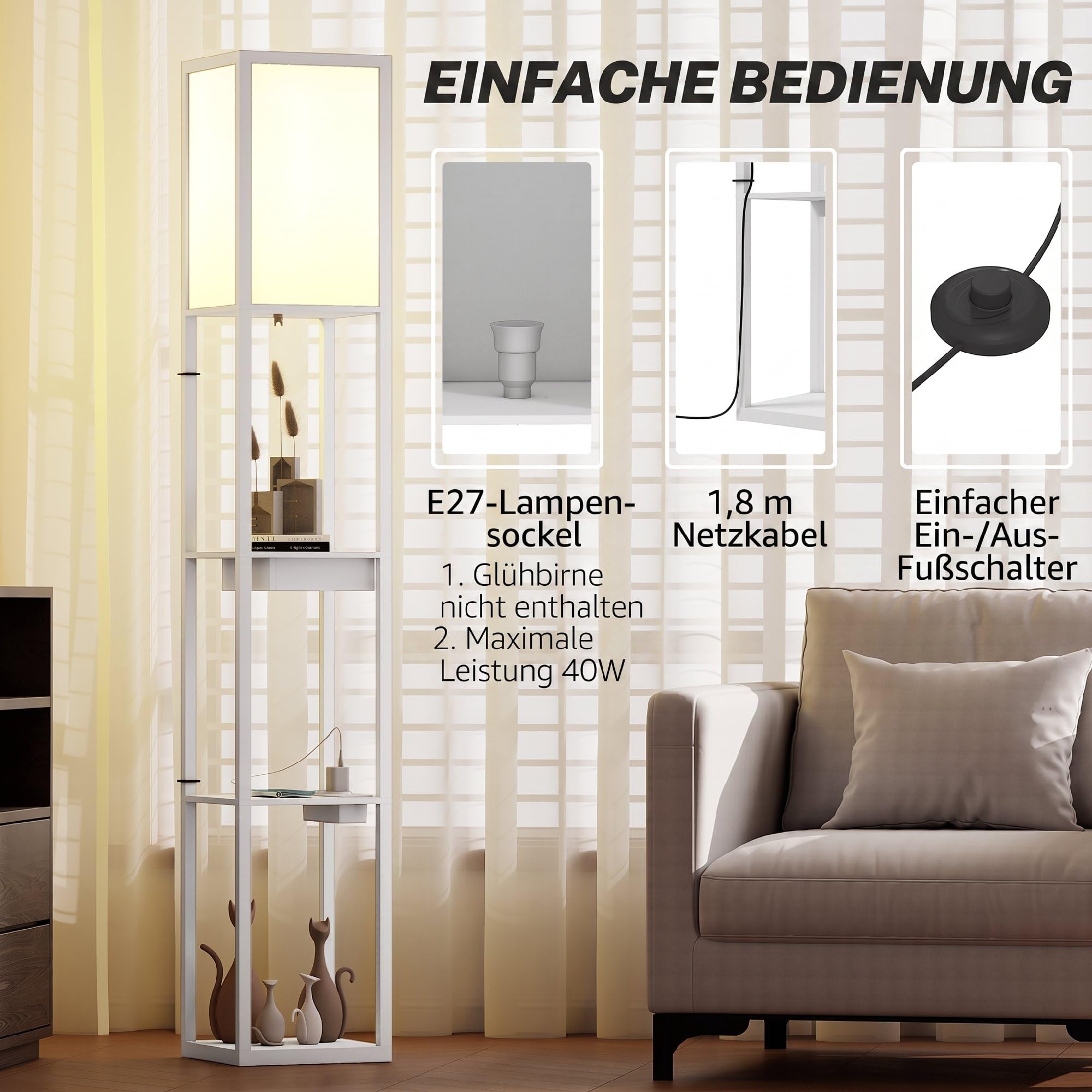 HOMCOM Stehlampe mit Regal, Stehleuchte mit 3 Fächern, E27 Sockel, Weiß